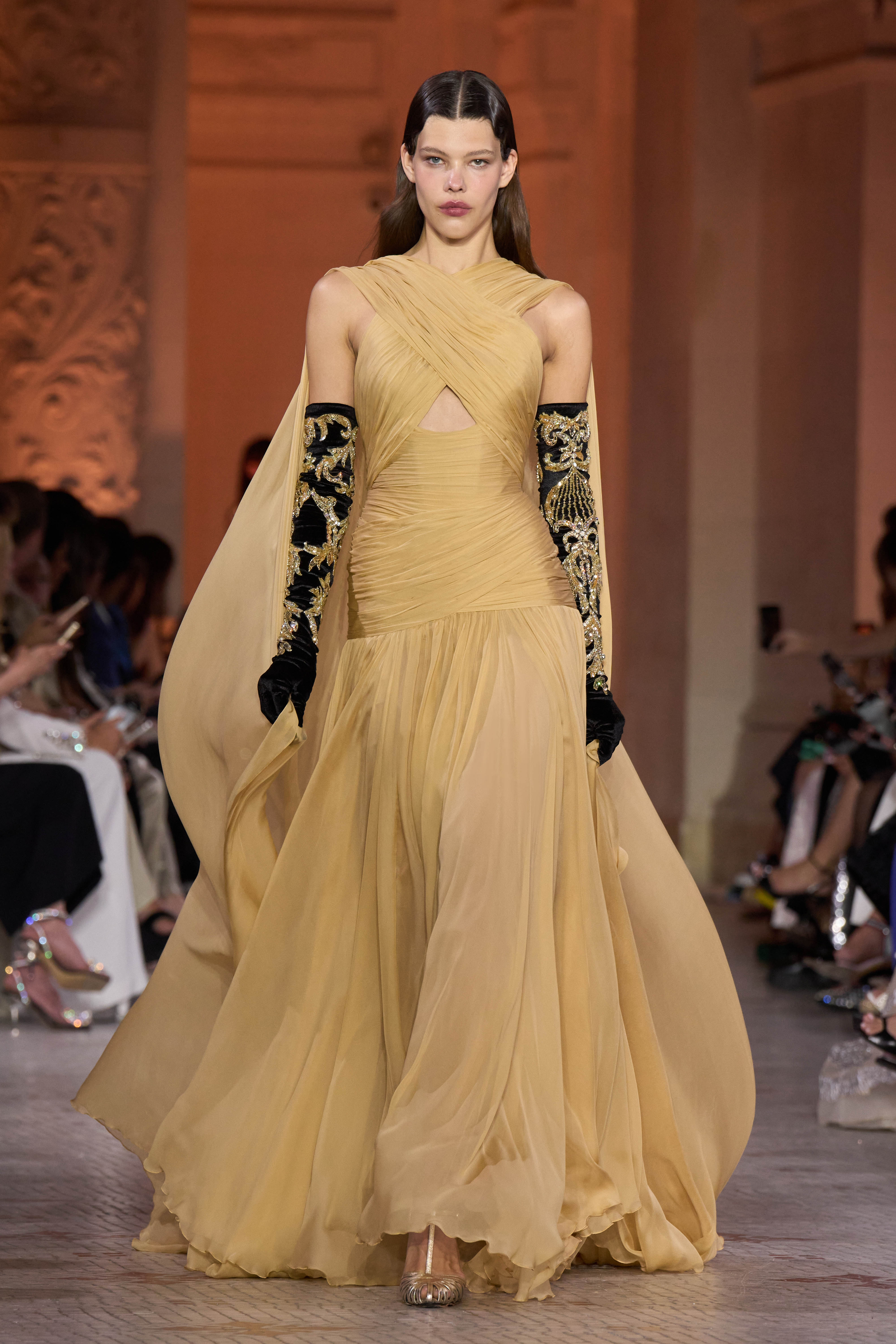 Champagne Chiffon Cross-Front A-Line Evening Dress with Cape SF145