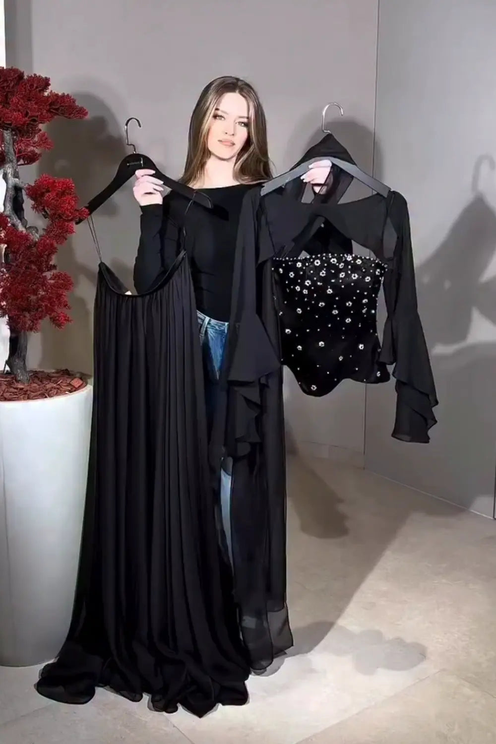 Strapless A-Line Black Chiffon Evening Dress SF467 Sheer Fairy