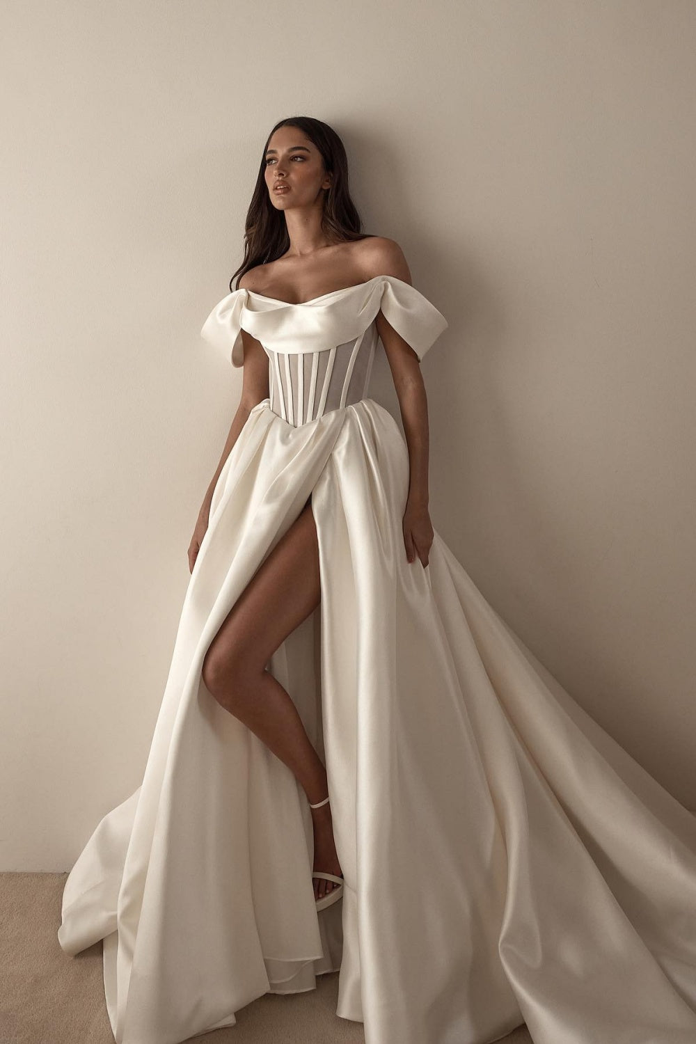 Luxury Chic Off Shoulder Corset Wedding Dress with Front Slit SW072 Sheer Fairy