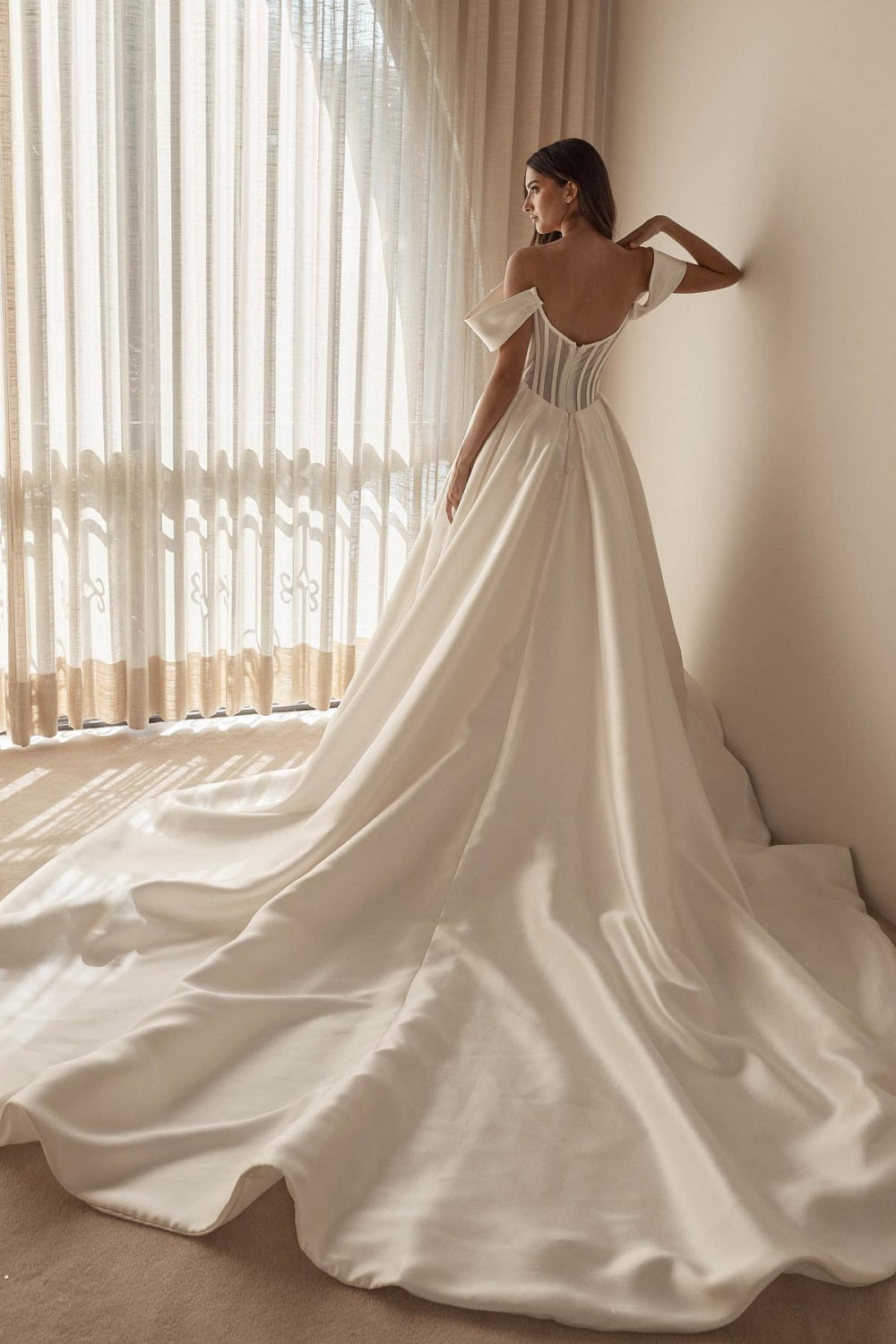 Luxury Chic Off Shoulder Corset Wedding Dress with Front Slit SW072 Sheer Fairy