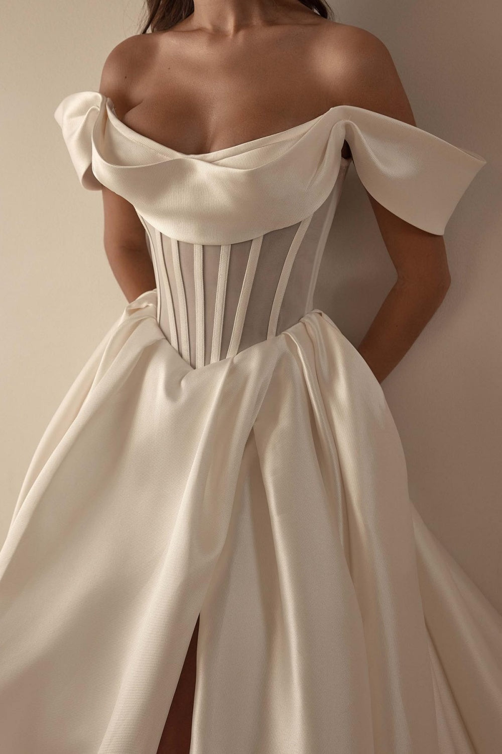 Luxury Chic Off Shoulder Corset Wedding Dress with Front Slit SW072 Sheer Fairy