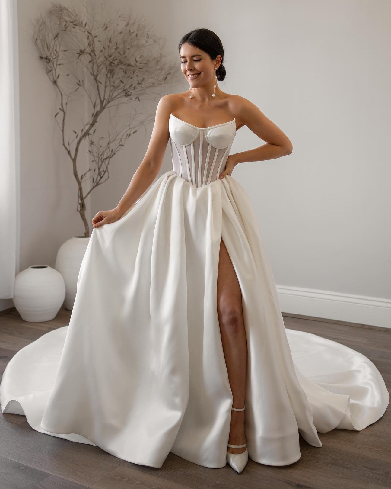 Elegant Sweetheart Satin Corset Wedding Dress with Train SW071 - SHEER FAIRY