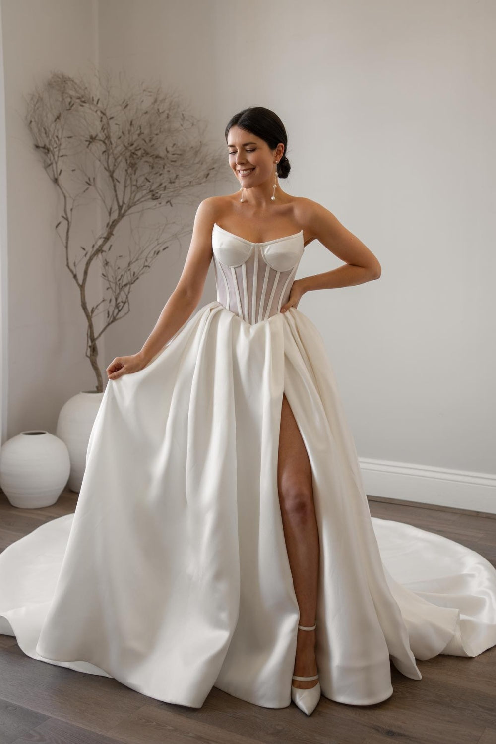 Elegant Sweetheart Satin Corset Wedding Dress with Train SW071 Sheer Fairy
