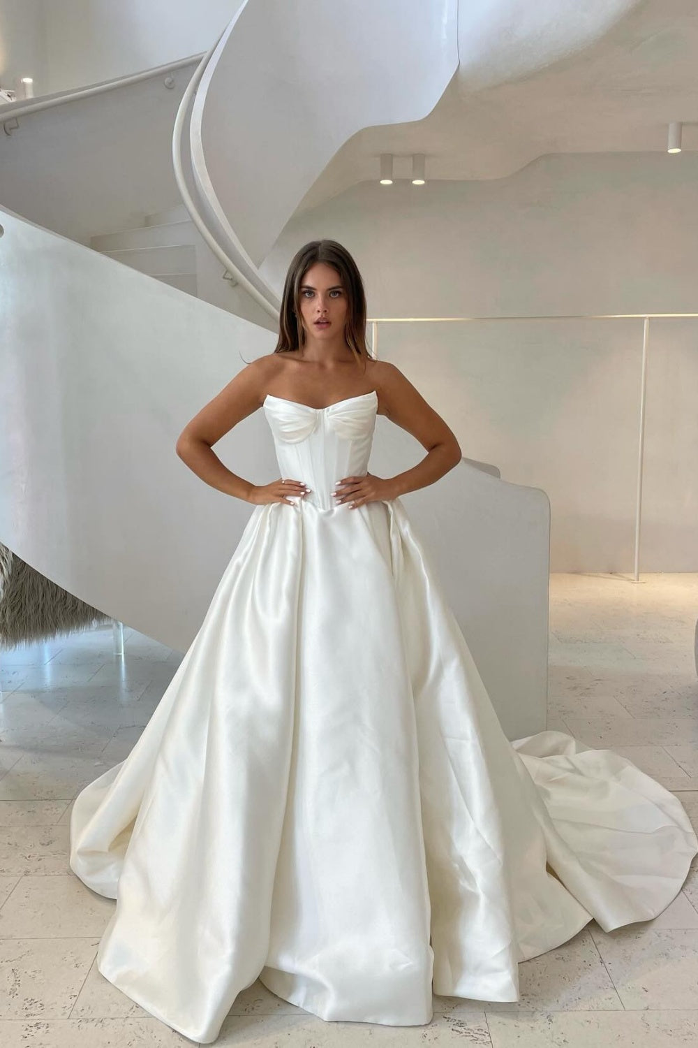 Luxury Satin Corset Off Shoulder Wedding Dress with High Slit SW070 Sheer Fairy