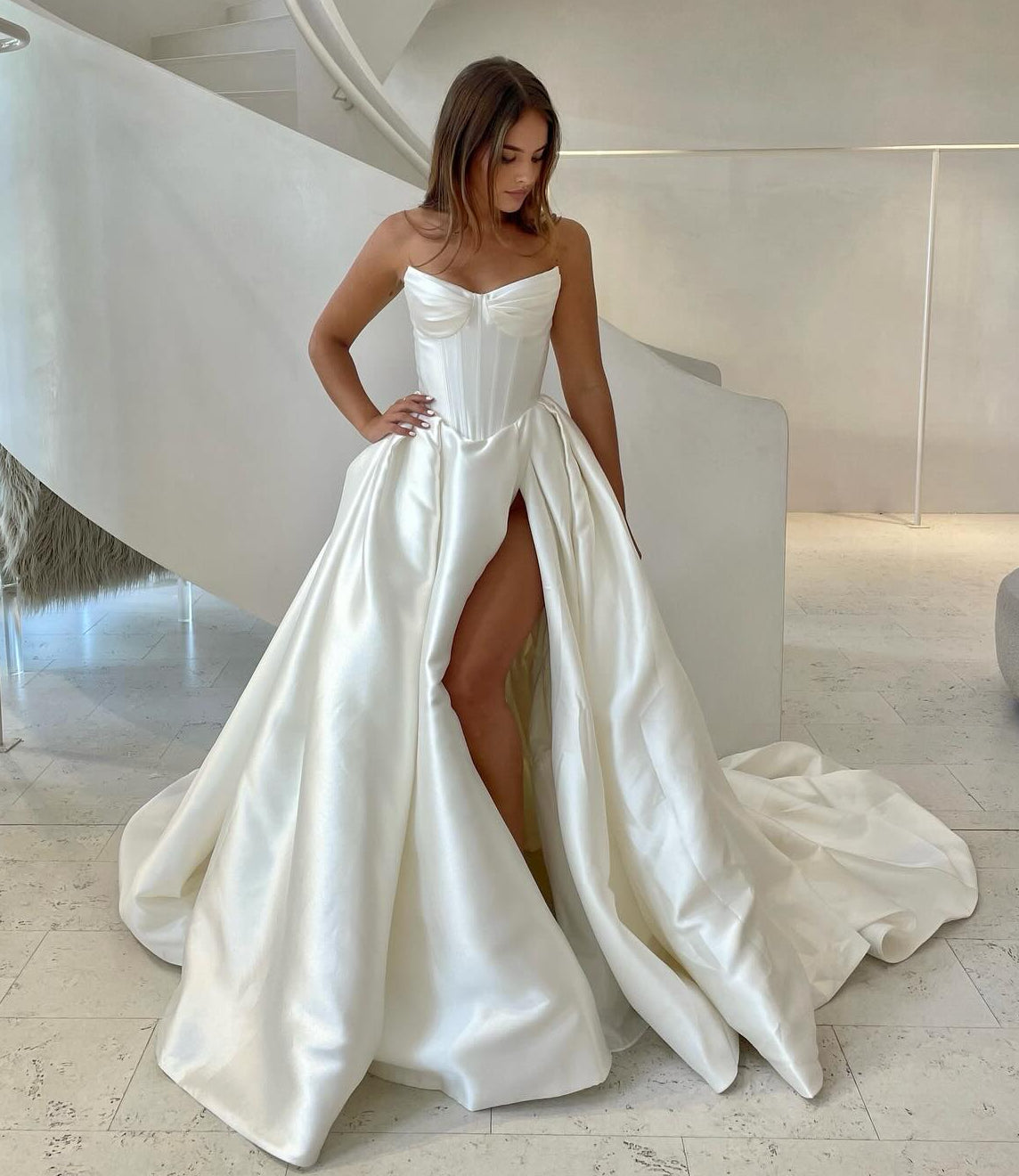 Luxury Satin Corset Off Shoulder Wedding Dress with High Slit SW070 - SHEER FAIRY