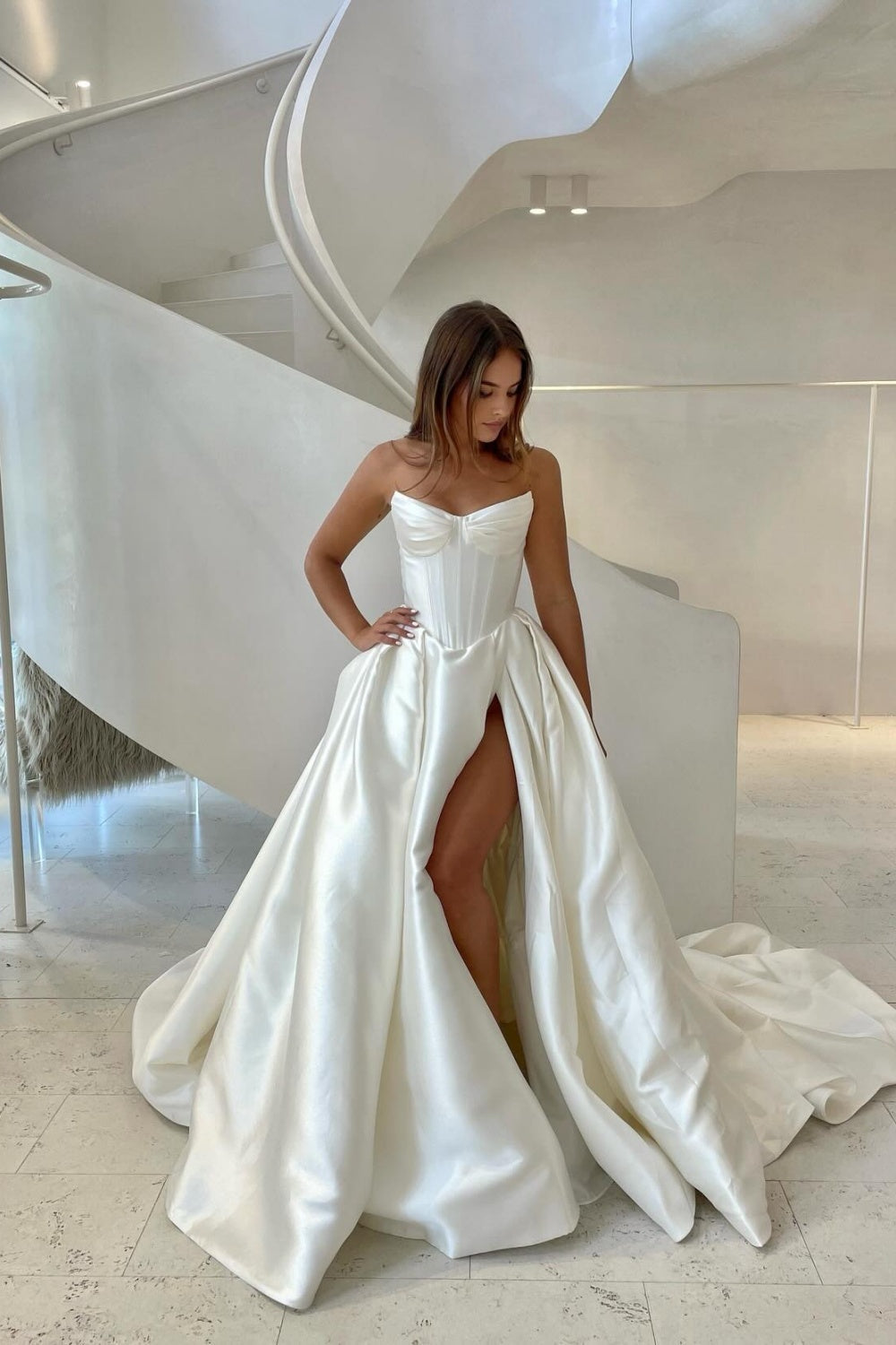 Luxury Satin Corset Off Shoulder Wedding Dress with High Slit SW070 Sheer Fairy