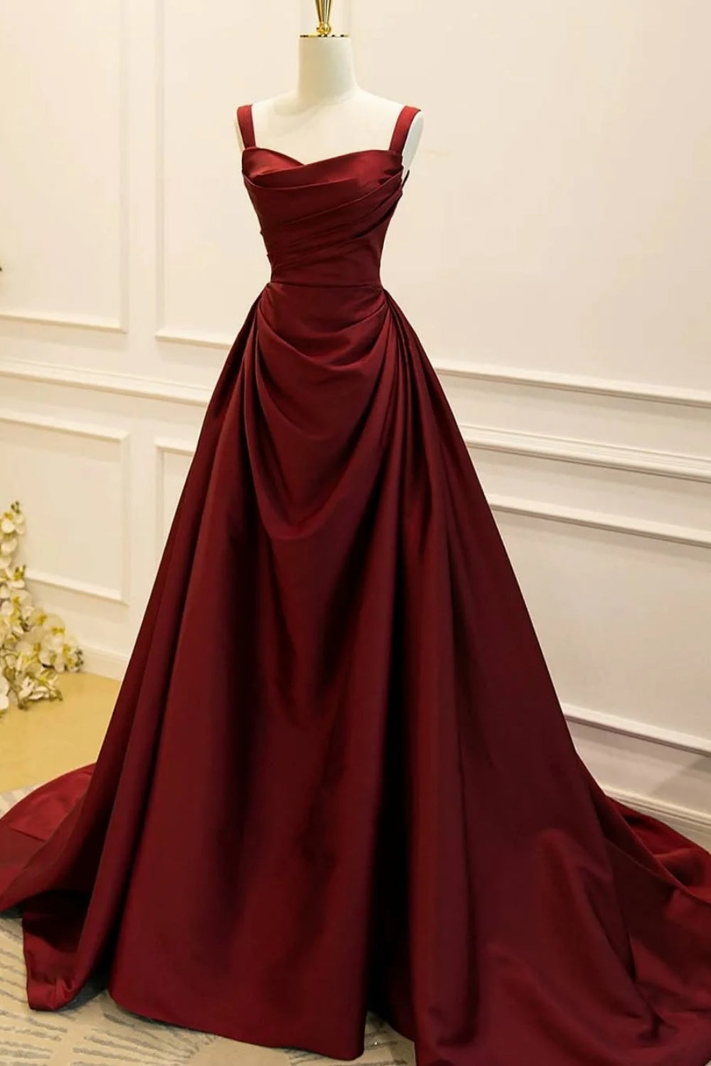 Burgundy Wine Red Square Neck Satin Ballgown Evening Dress SF089 Sheer Fairy