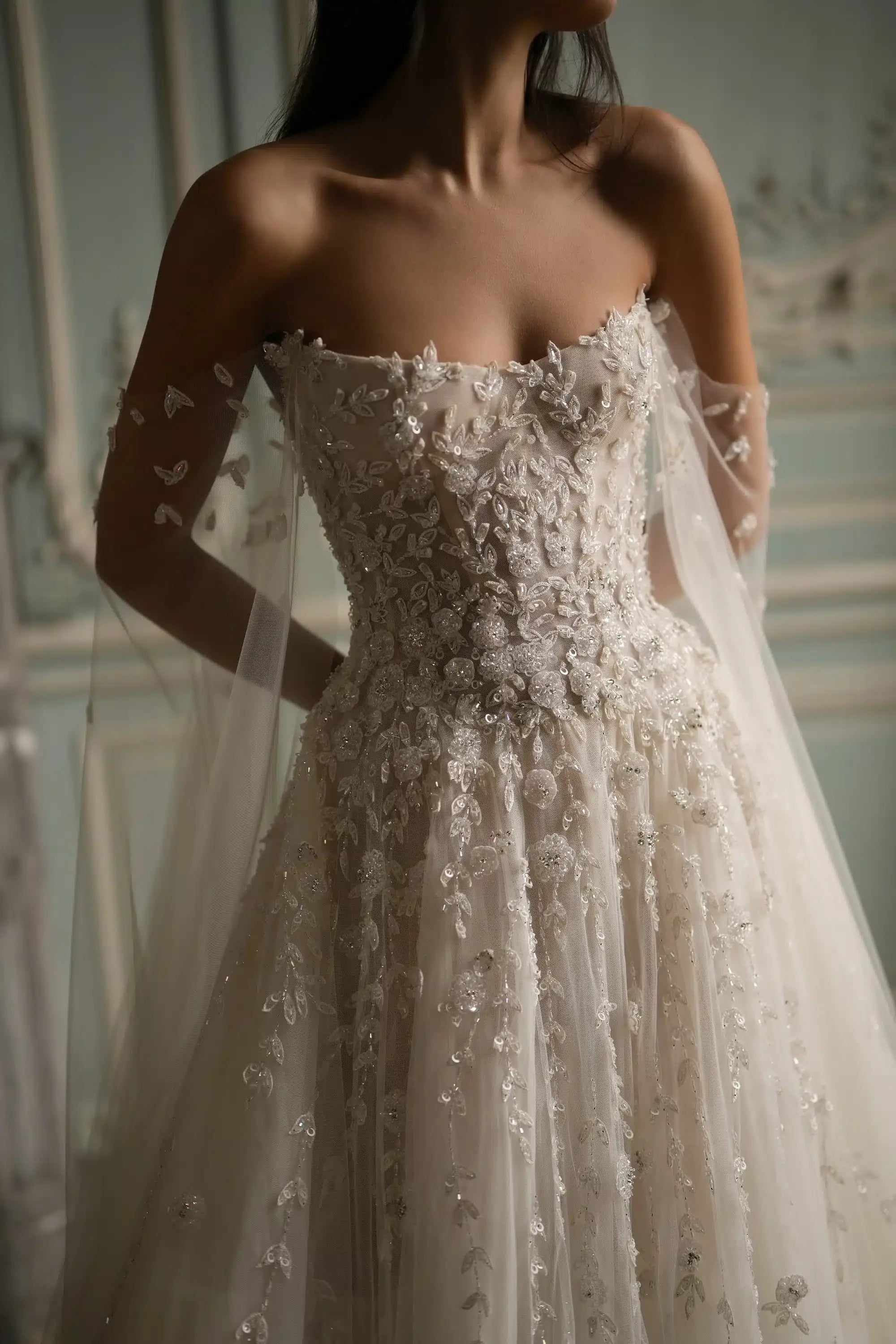 White Corset Tulle A Line Bridal Gown with Cathedral Train SW746 Sheer Fairy