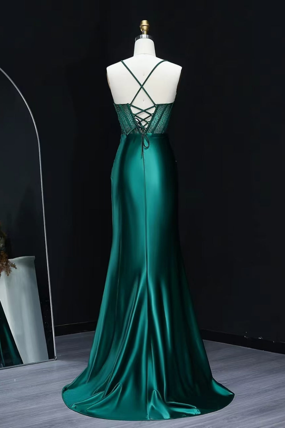 Emerald Green Satin Sheer Mesh Sheath Prom Dress SH537 Sheer Fairy