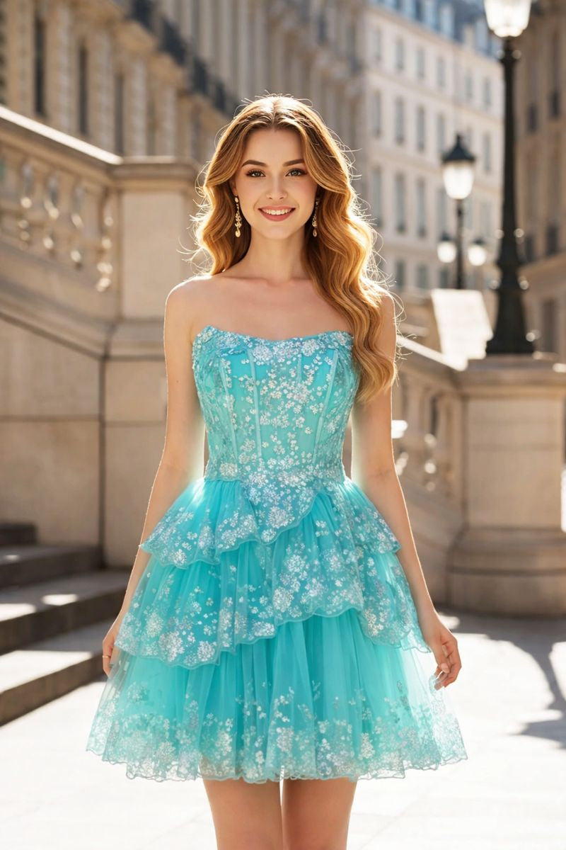 Turquoise Tulle Strapless Tiered Fit-and-Flare Mini Homecoming Dress RM170