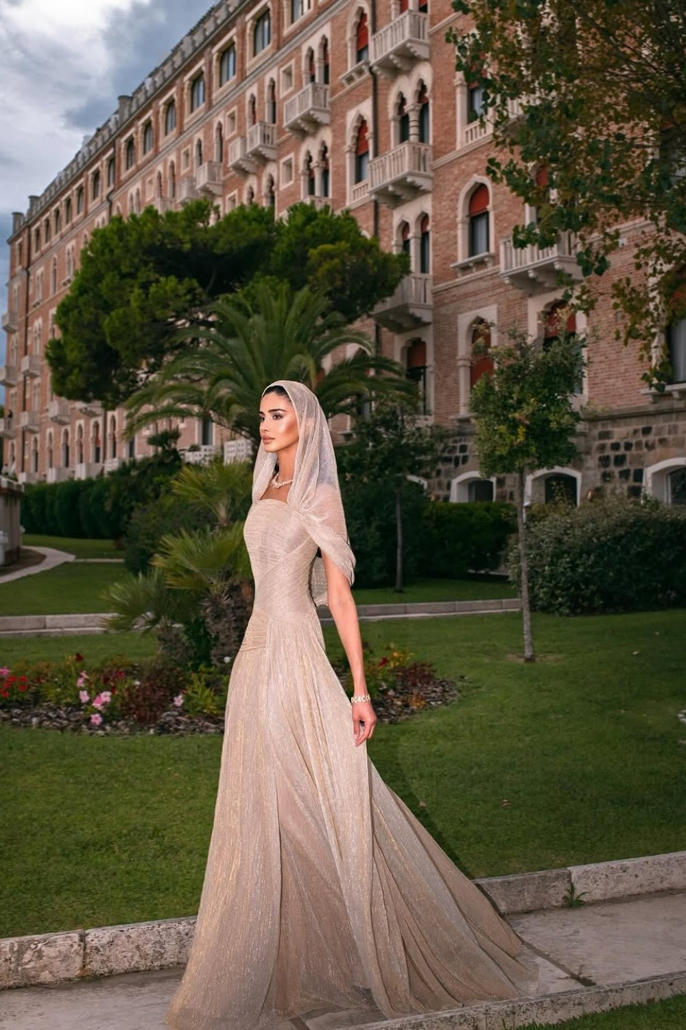 Champagne Tulle Ruched Square Neck Sheer Veil Evening Dress SF045 Sheer Fairy