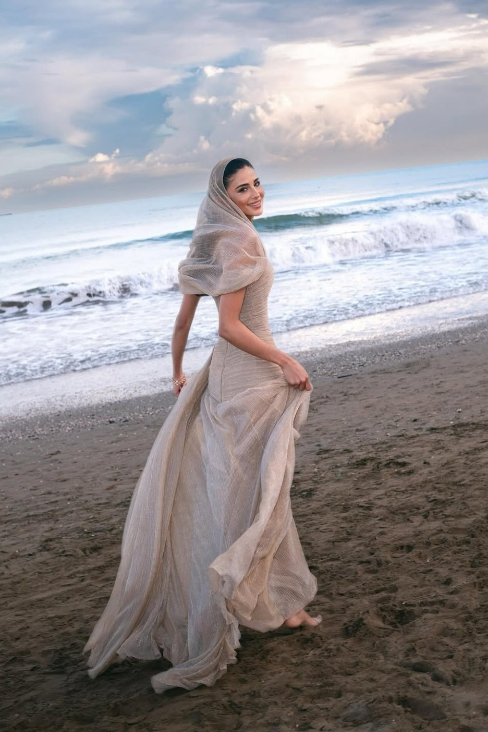 Champagne Tulle Ruched Square Neck Sheer Veil Evening Dress SF045 Sheer Fairy