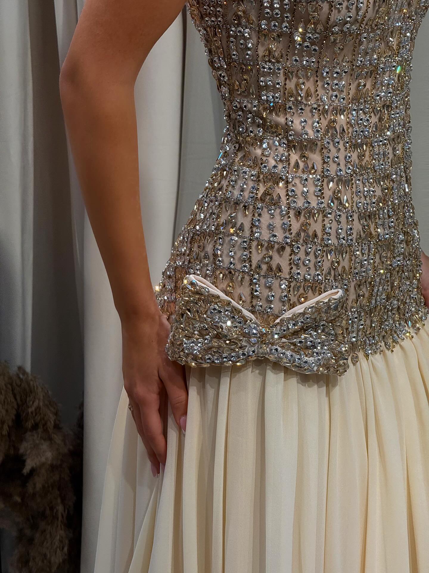 Sweetheart Gold Evening Dress with All-Over Crystal Beading & Flowy SS504 Sheer Fairy