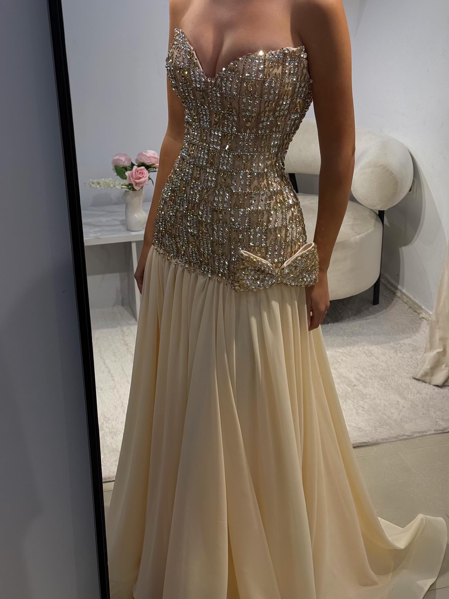 Sweetheart Gold Evening Dress with All-Over Crystal Beading & Flowy SS504 Sheer Fairy