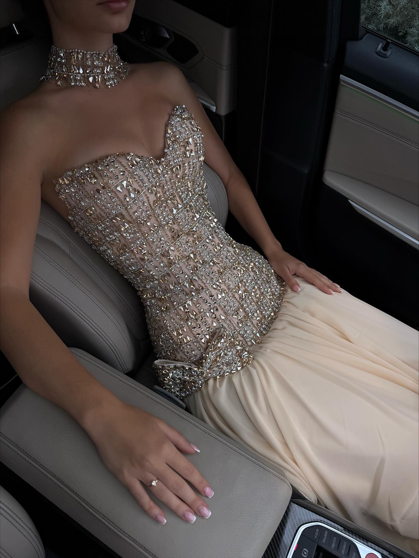 Sweetheart Gold Evening Dress with All-Over Crystal Beading & Flowy SS504 Sheer Fairy
