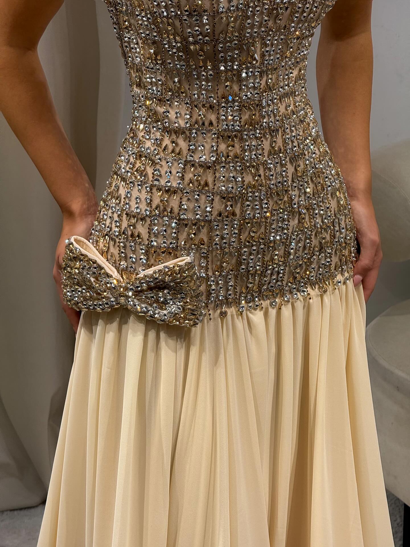 Sweetheart Gold Evening Dress with All-Over Crystal Beading & Flowy SS504 Sheer Fairy