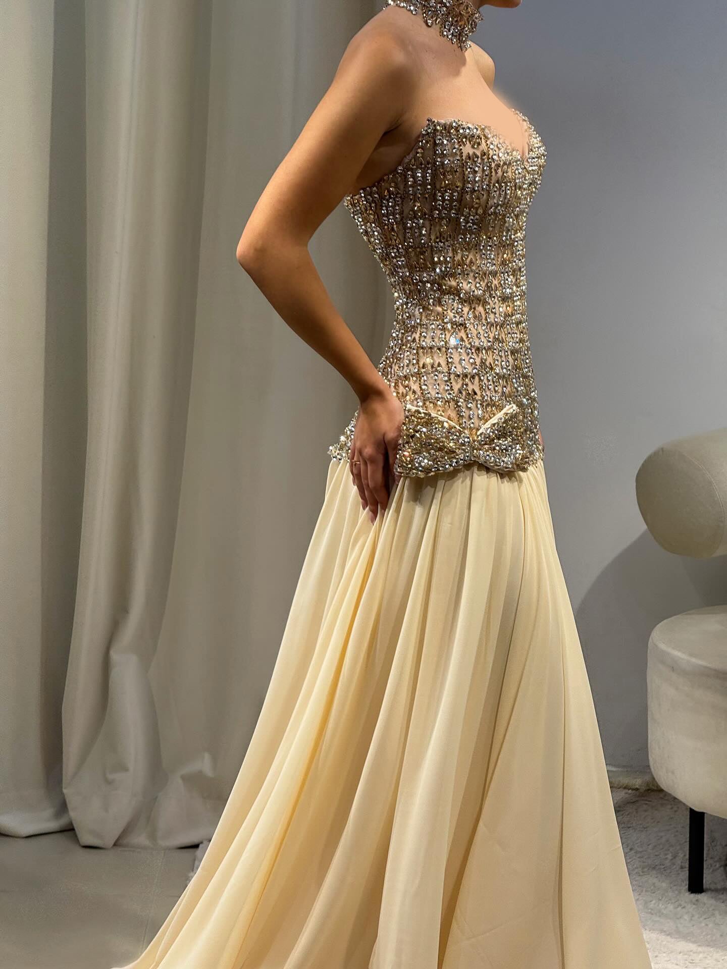 Sweetheart Gold Evening Dress with All-Over Crystal Beading & Flowy SS504 Sheer Fairy