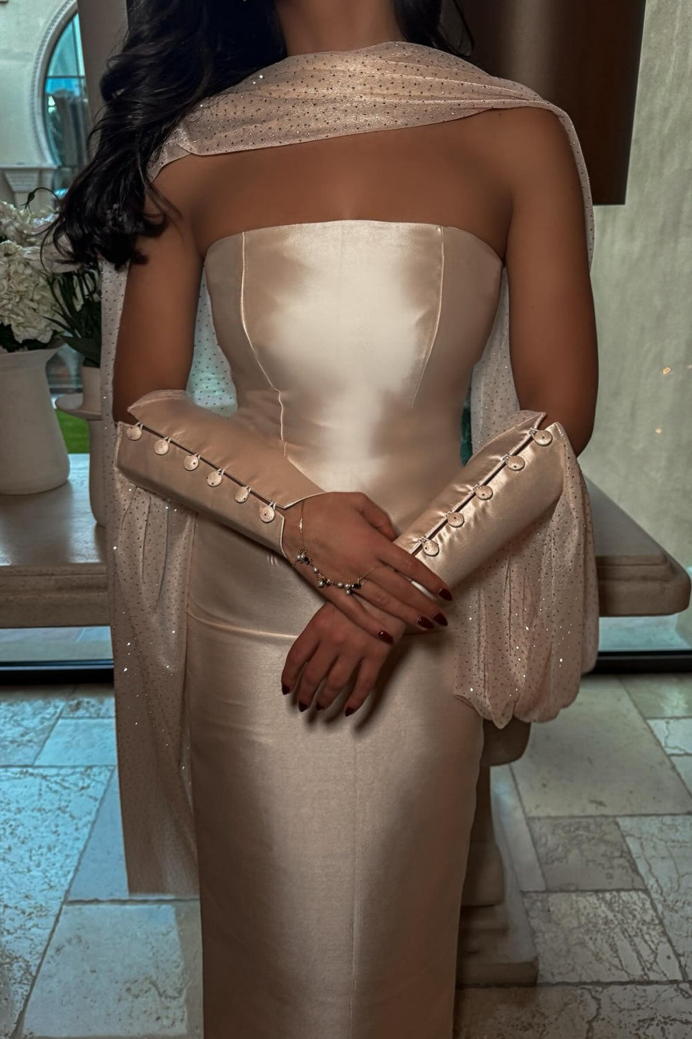 Champagne Strapless Satin Column Evening Dress with Beaded Cape SF043 Sheer Fairy