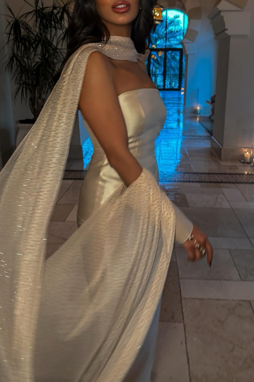 Champagne Strapless Satin Column Evening Dress with Beaded Cape SF043 Sheer Fairy