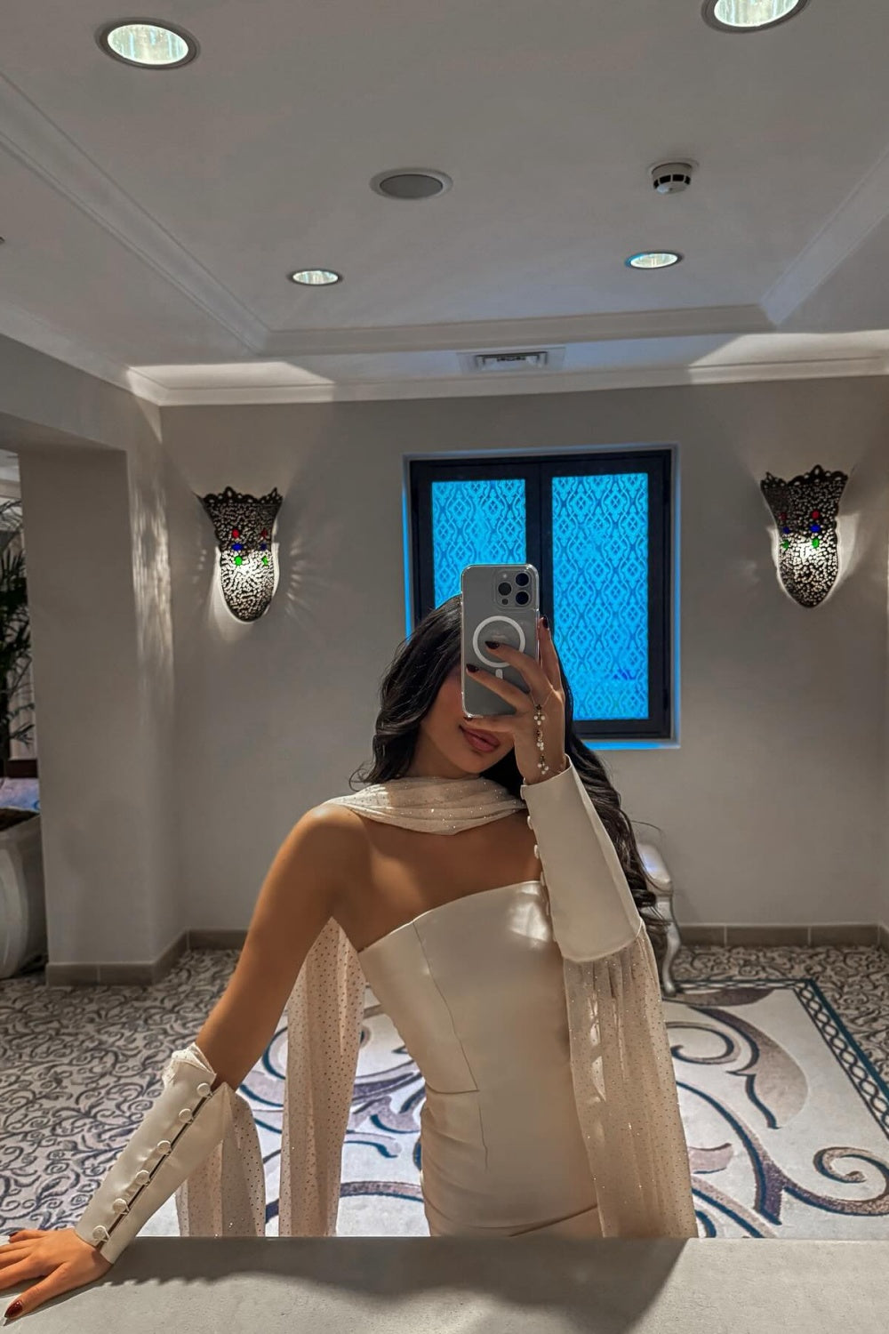 Champagne Strapless Satin Column Evening Dress with Beaded Cape SF043 Sheer Fairy