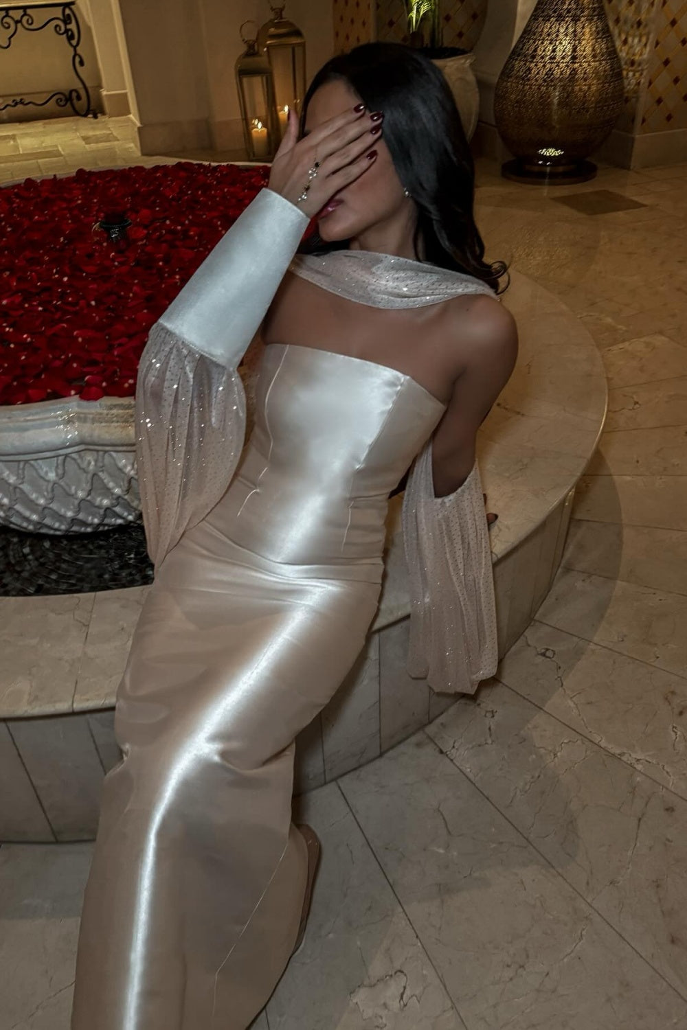 Champagne Strapless Satin Column Evening Dress with Beaded Cape SF043 Sheer Fairy