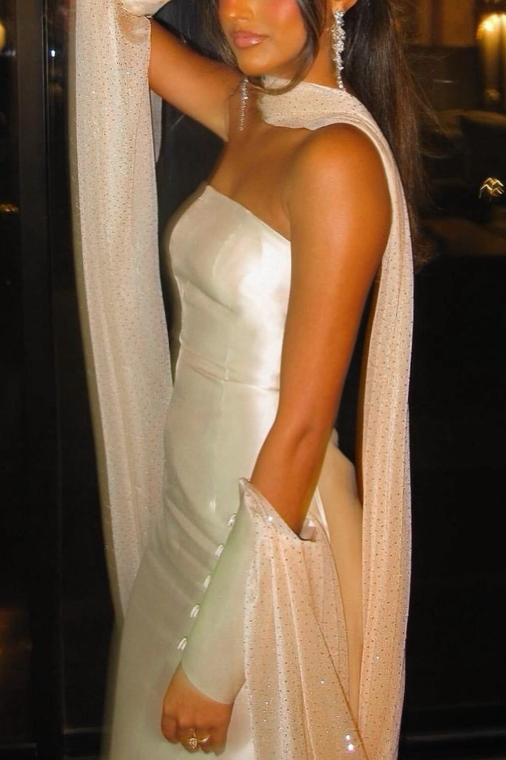 Champagne Strapless Satin Column Evening Dress with Beaded Cape SF043 Sheer Fairy