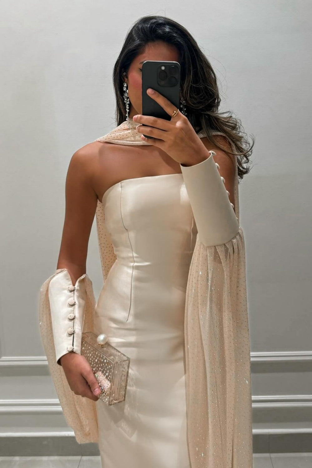 Champagne Strapless Satin Column Evening Dress with Beaded Cape SF043 Sheer Fairy