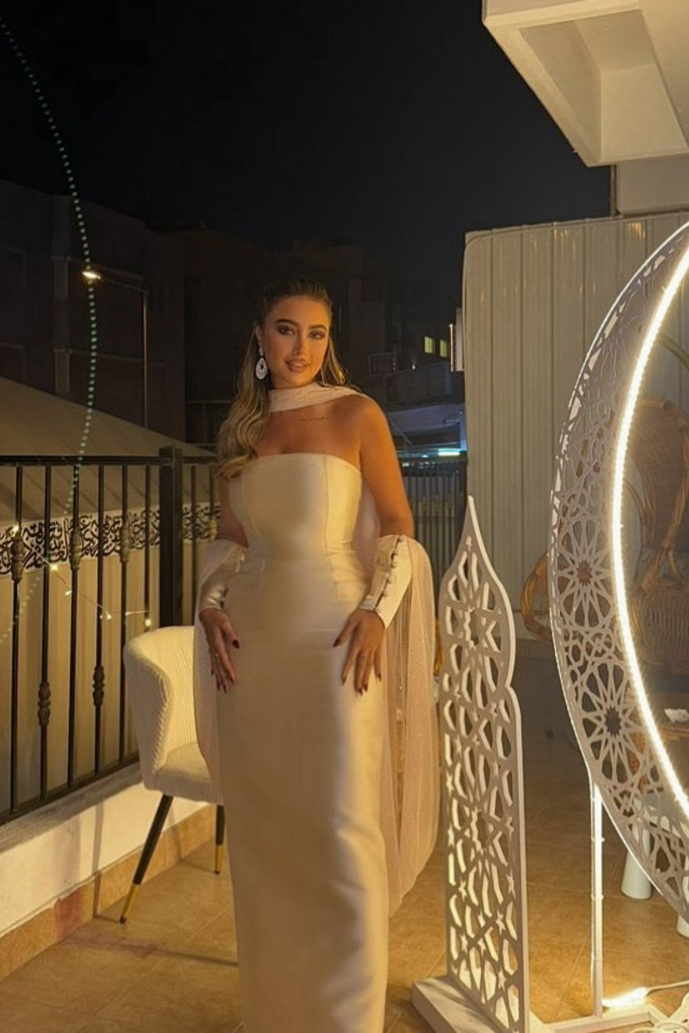 Champagne Strapless Satin Column Evening Dress with Beaded Cape SF043 Sheer Fairy