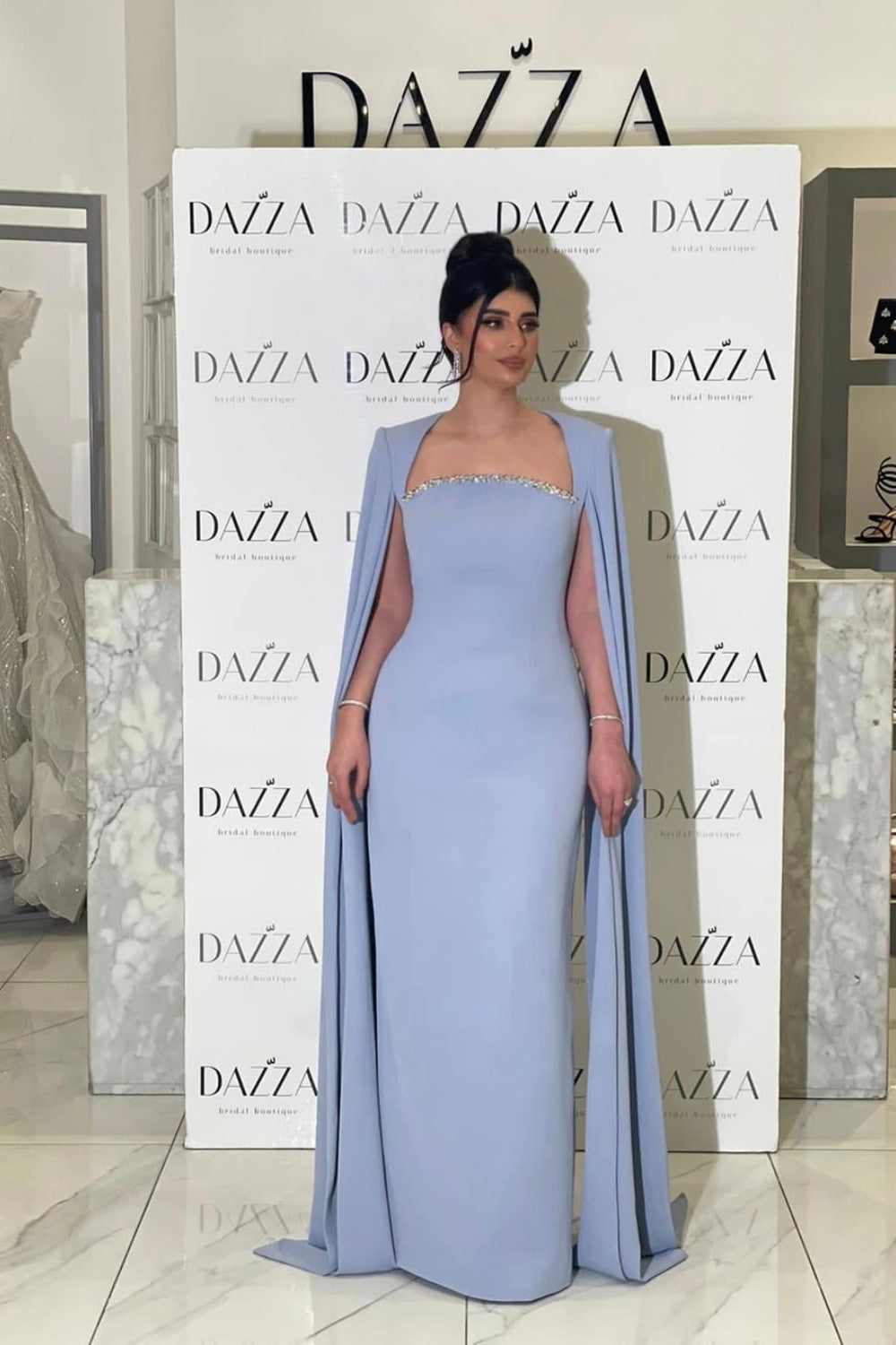 Elegant Blue Mermaid Evening Dress with Cape Sleeves SF486 Sheer Fairy