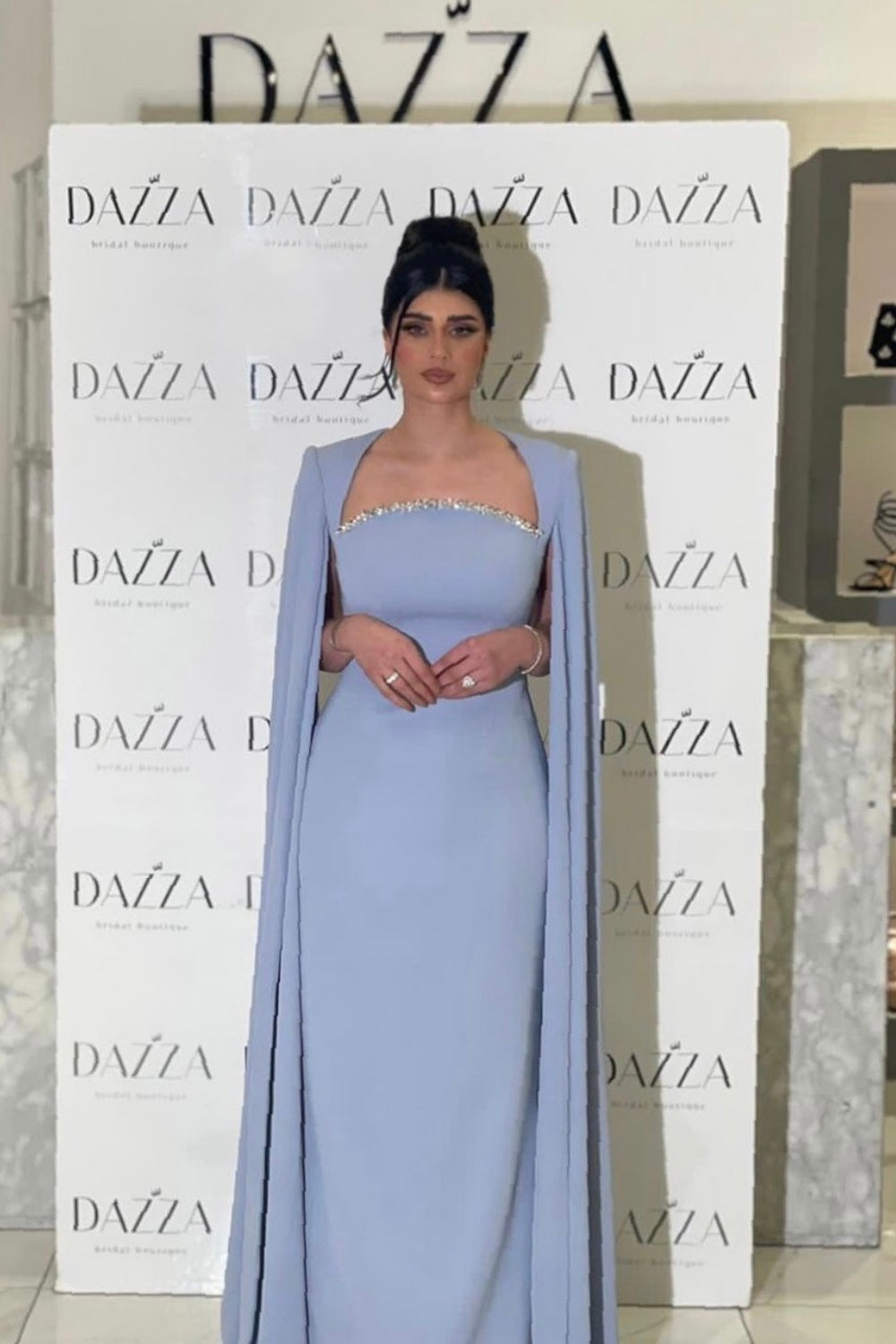 Elegant Blue Mermaid Evening Dress with Cape Sleeves SF486 Sheer Fairy