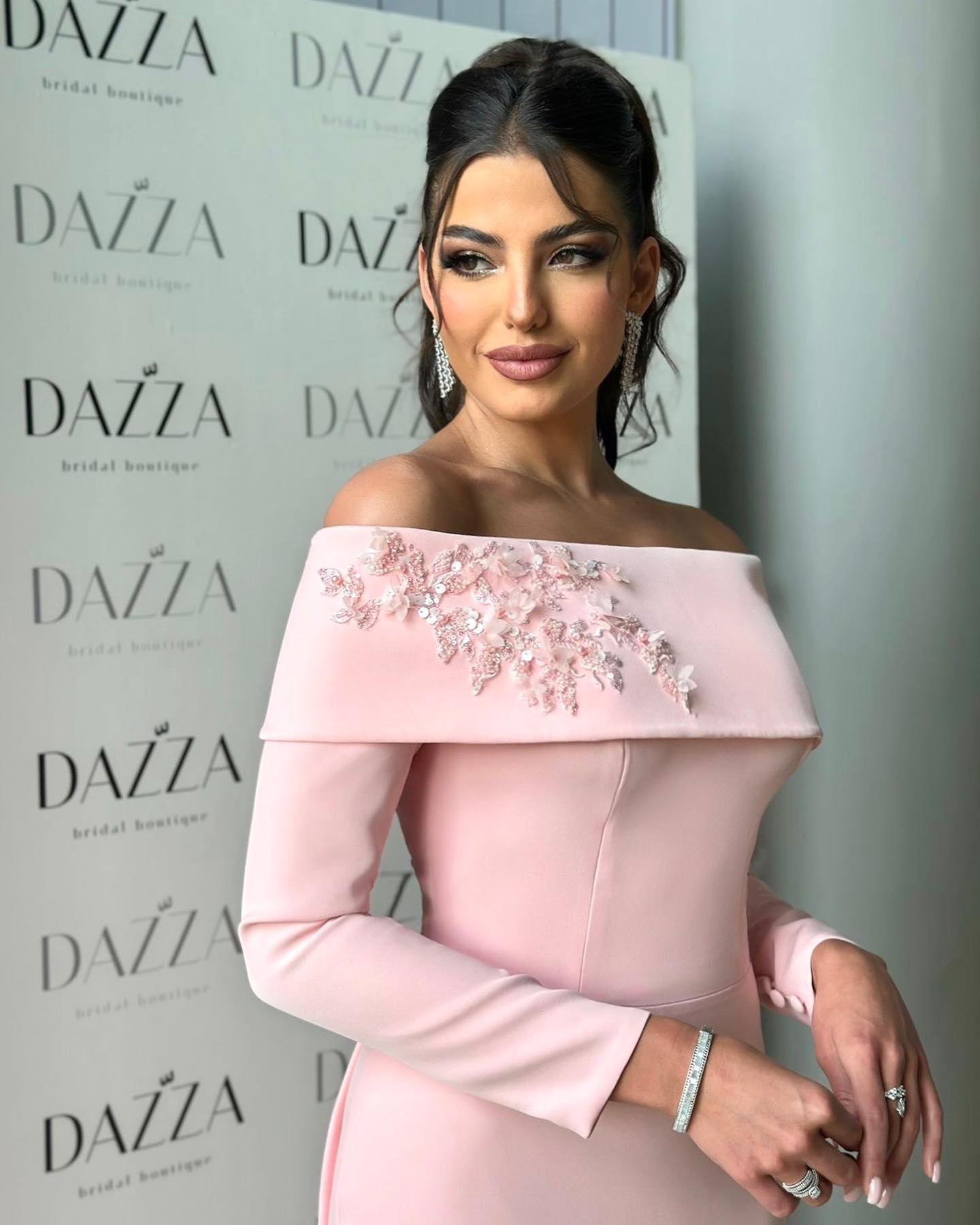 Blush Pink Off-the-Shoulder Crepe Evening Dress with 3D Floral Appliqués SF404 Sheer Fairy
