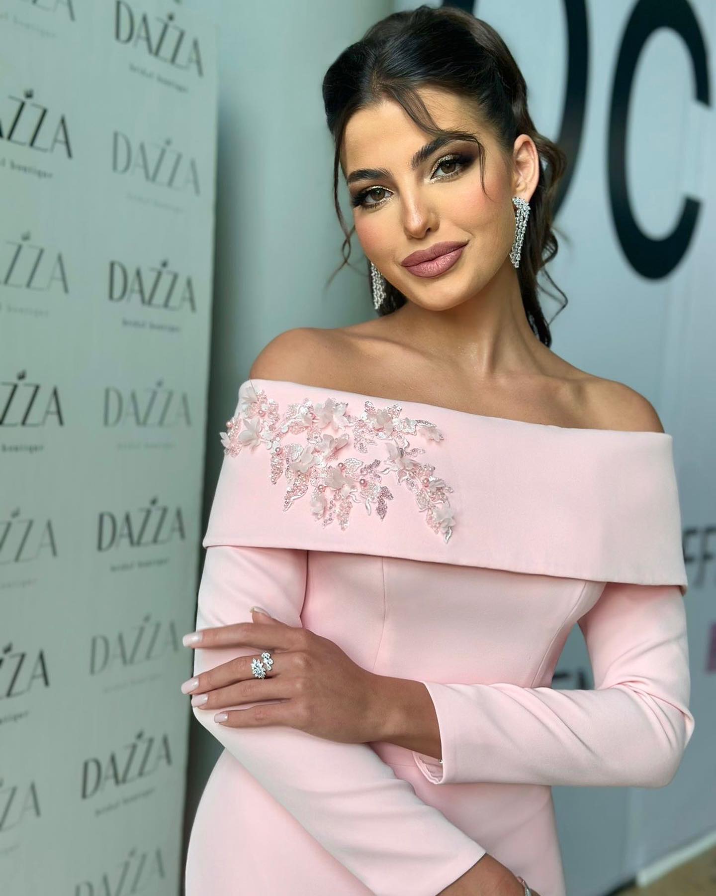 Blush Pink Off-the-Shoulder Crepe Evening Dress with 3D Floral Appliqués SF404 Sheer Fairy