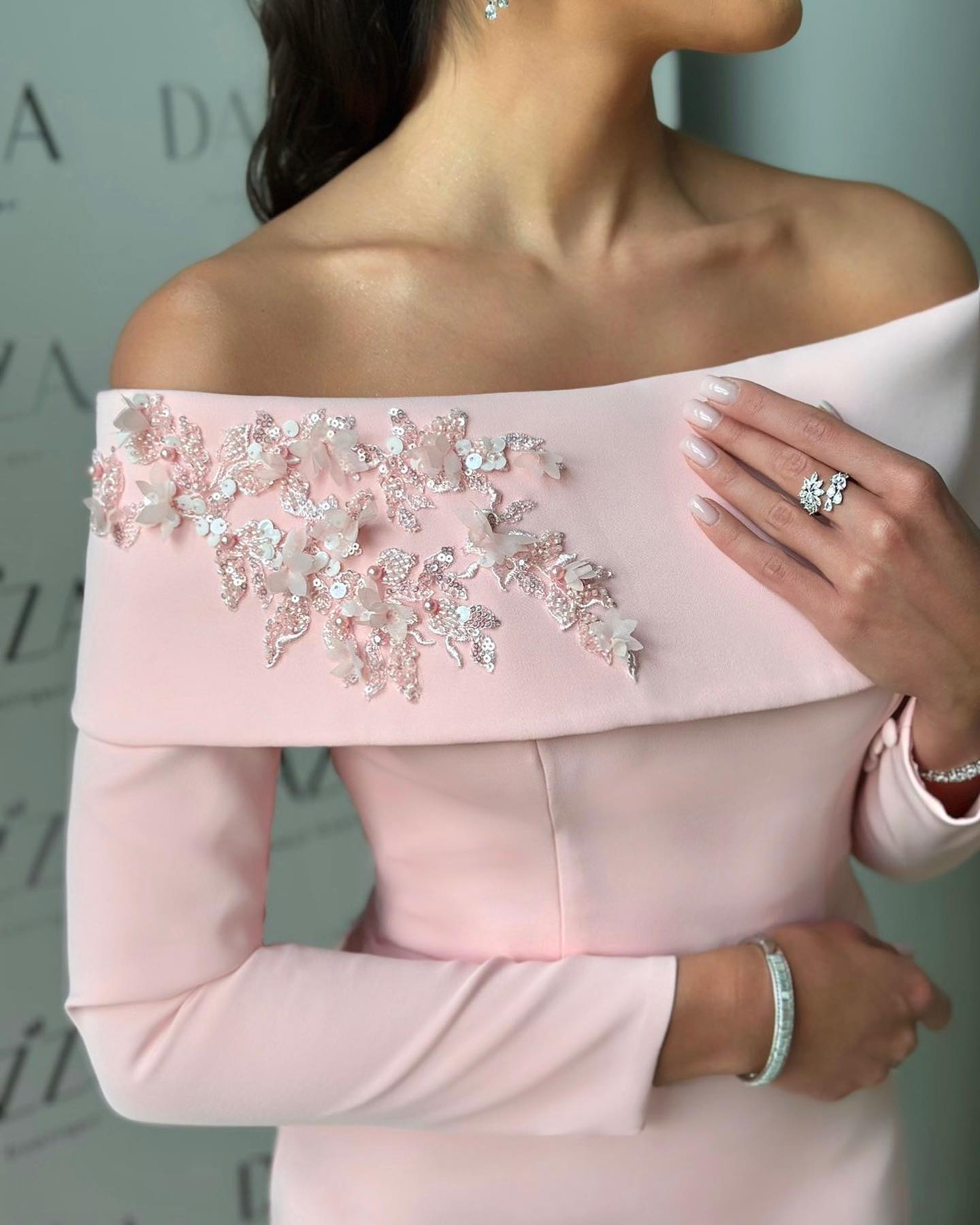 Blush Pink Off-the-Shoulder Crepe Evening Dress with 3D Floral Appliqués SF404 Sheer Fairy