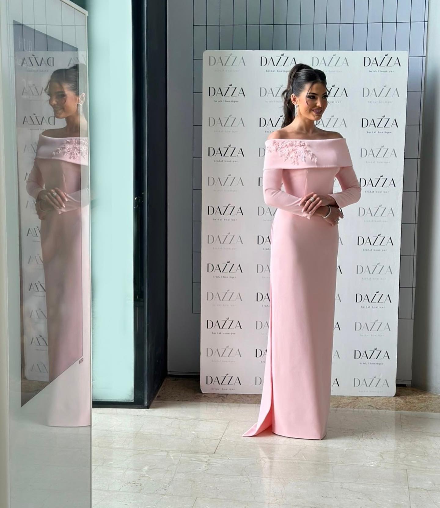 Blush Pink Off-the-Shoulder Crepe Evening Dress with 3D Floral Appliqués SF404 Sheer Fairy
