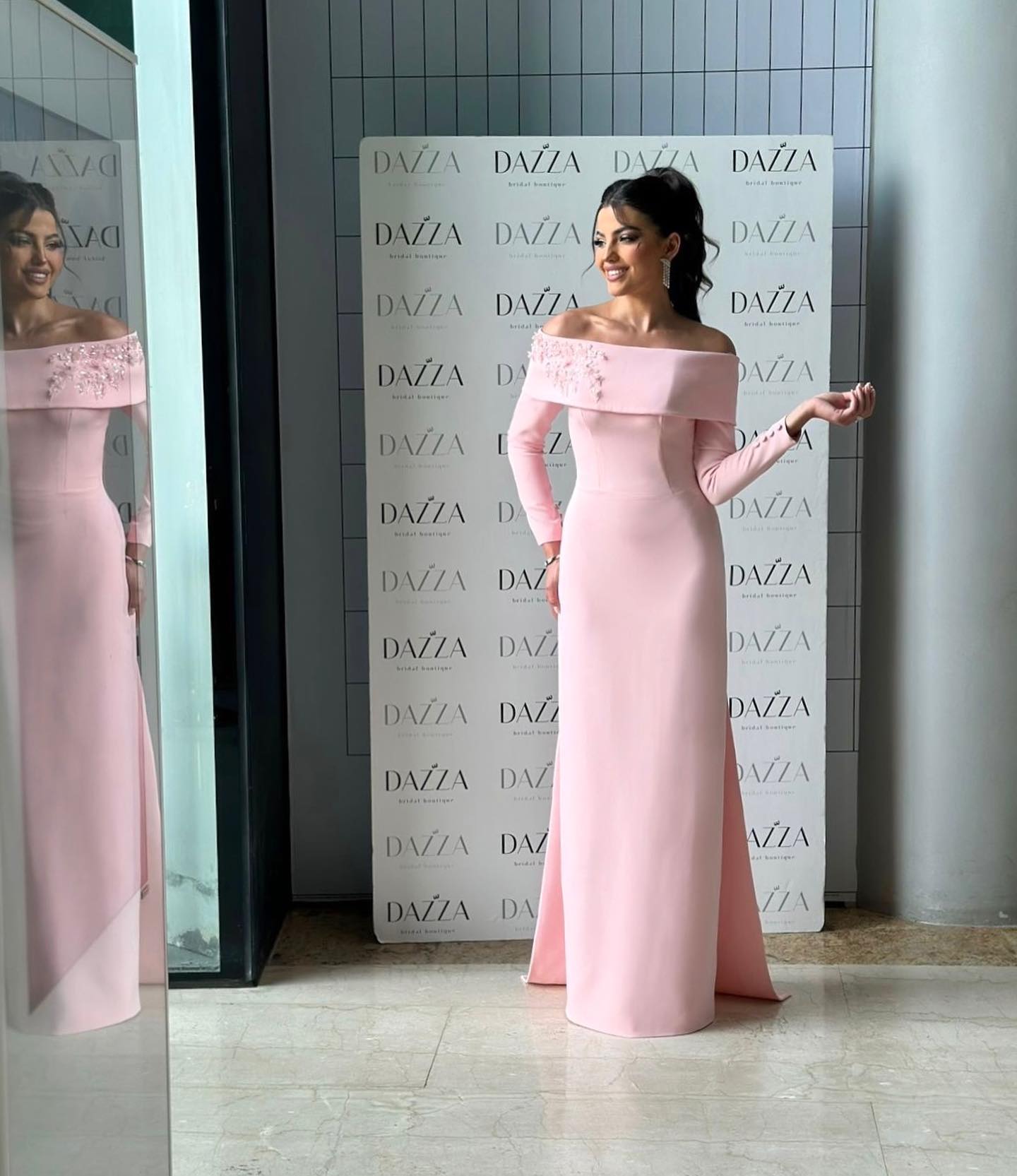Blush Pink Off-the-Shoulder Crepe Evening Dress with 3D Floral Appliqués SF404 Sheer Fairy