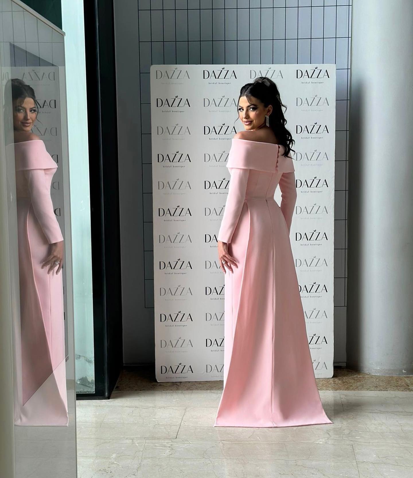 Blush Pink Off-the-Shoulder Crepe Evening Dress with 3D Floral Appliqués SF404 Sheer Fairy