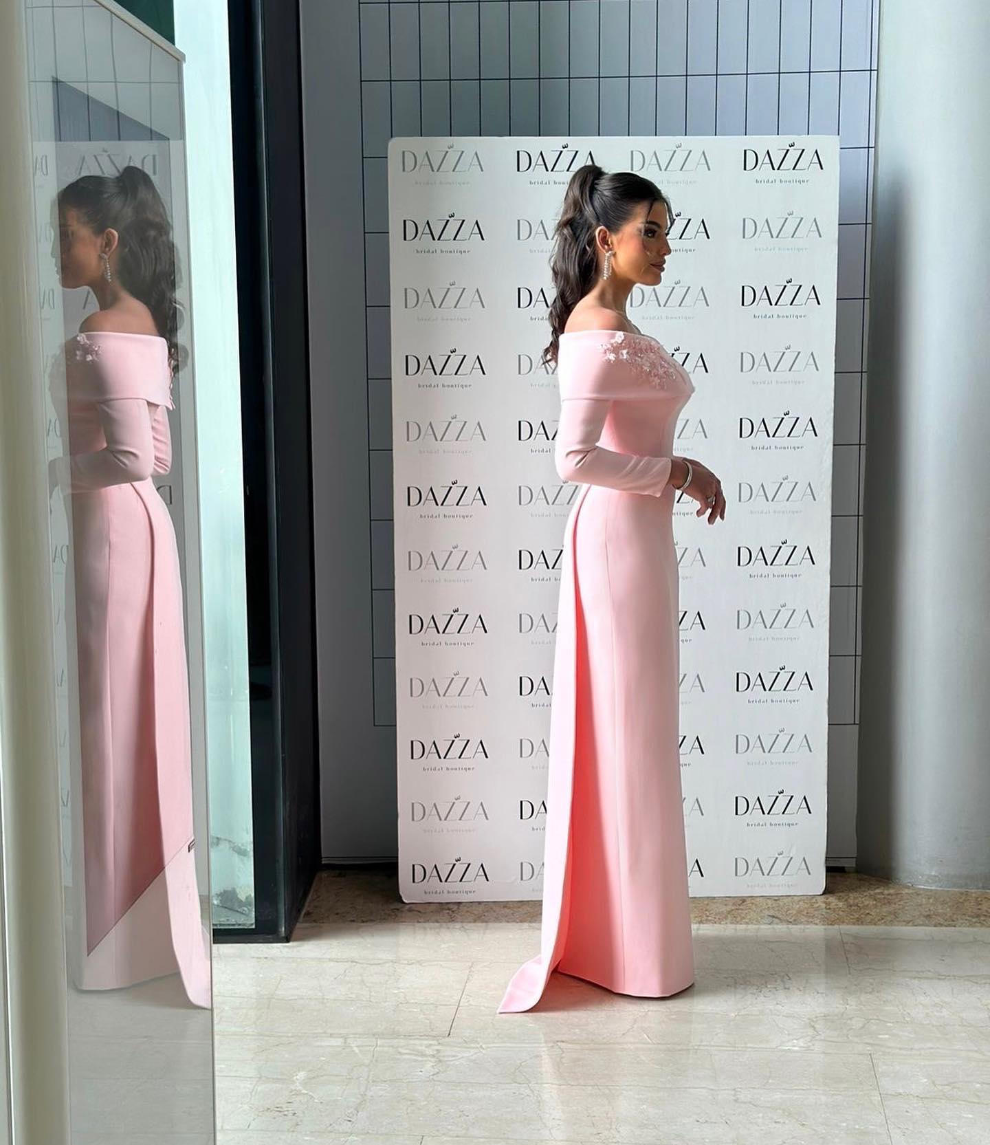 Blush Pink Off-the-Shoulder Crepe Evening Dress with 3D Floral Appliqués SF404 Sheer Fairy