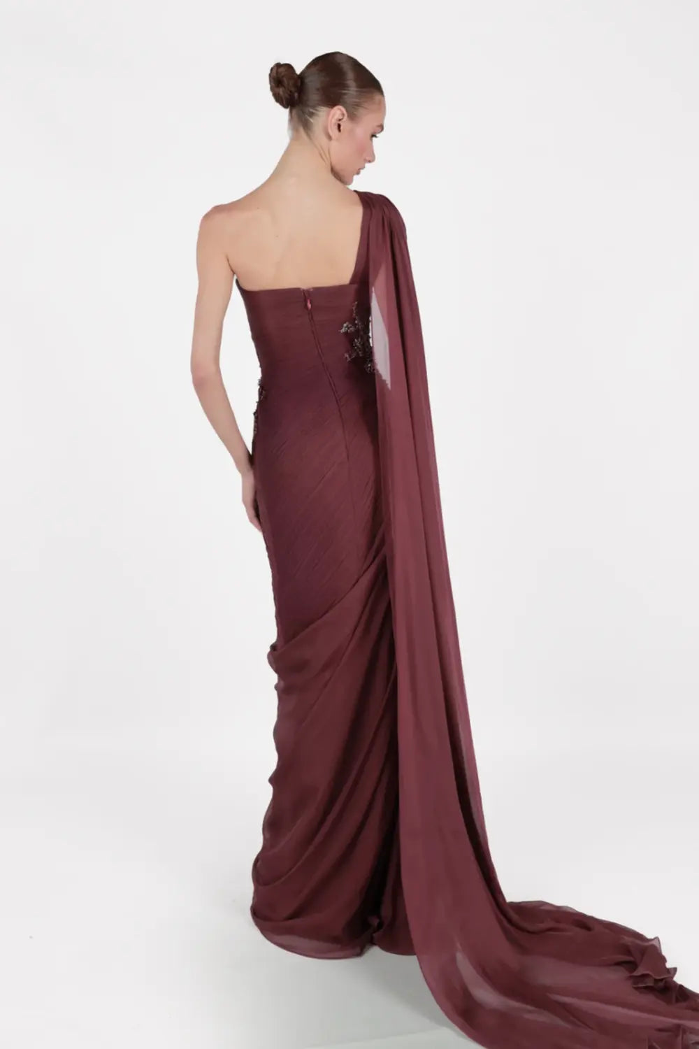 Beaded Chiffon Formal Pink One-Shoulder Sheath Evening Dress SF249 Sheer Fairy