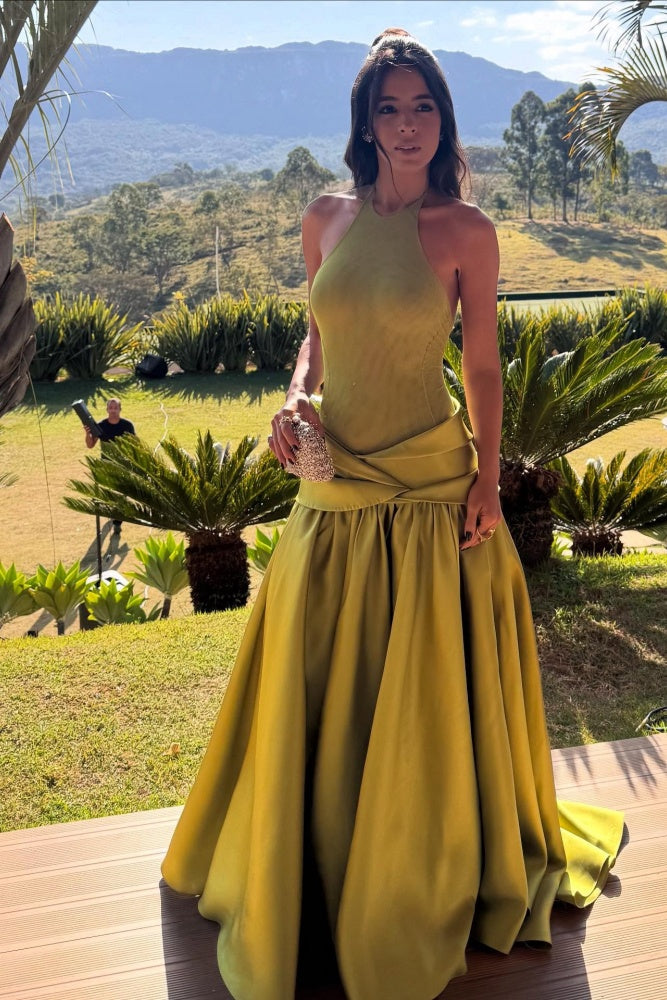 Minimal Olive Green Satin Halter Evening Dress SF148 Sheer Fairy