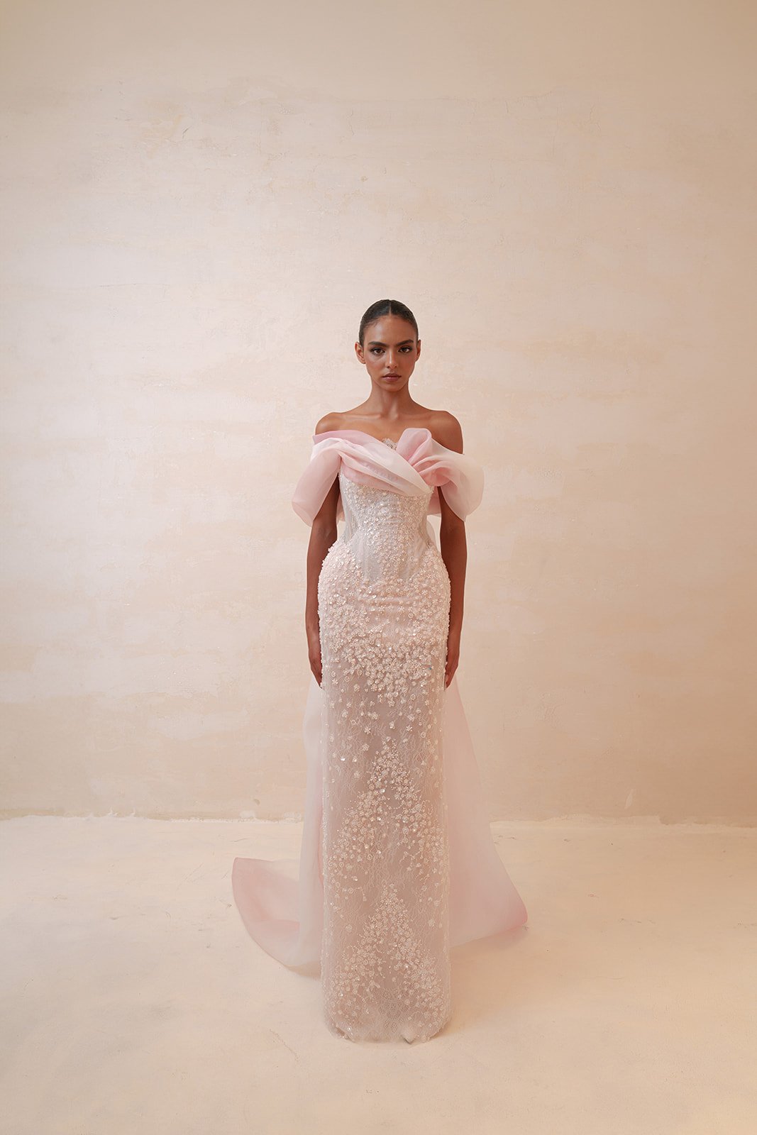 Blush Pink Off-the-Shoulder 3D Floral Beaded Mermaid Evening Gown with Tulle Overlay SS519 Sheer Fairy