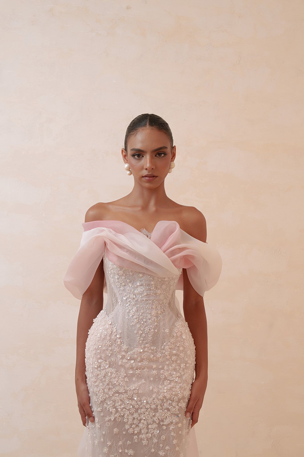 Blush Pink Off-the-Shoulder 3D Floral Beaded Mermaid Evening Gown with Tulle Overlay SS519 Sheer Fairy