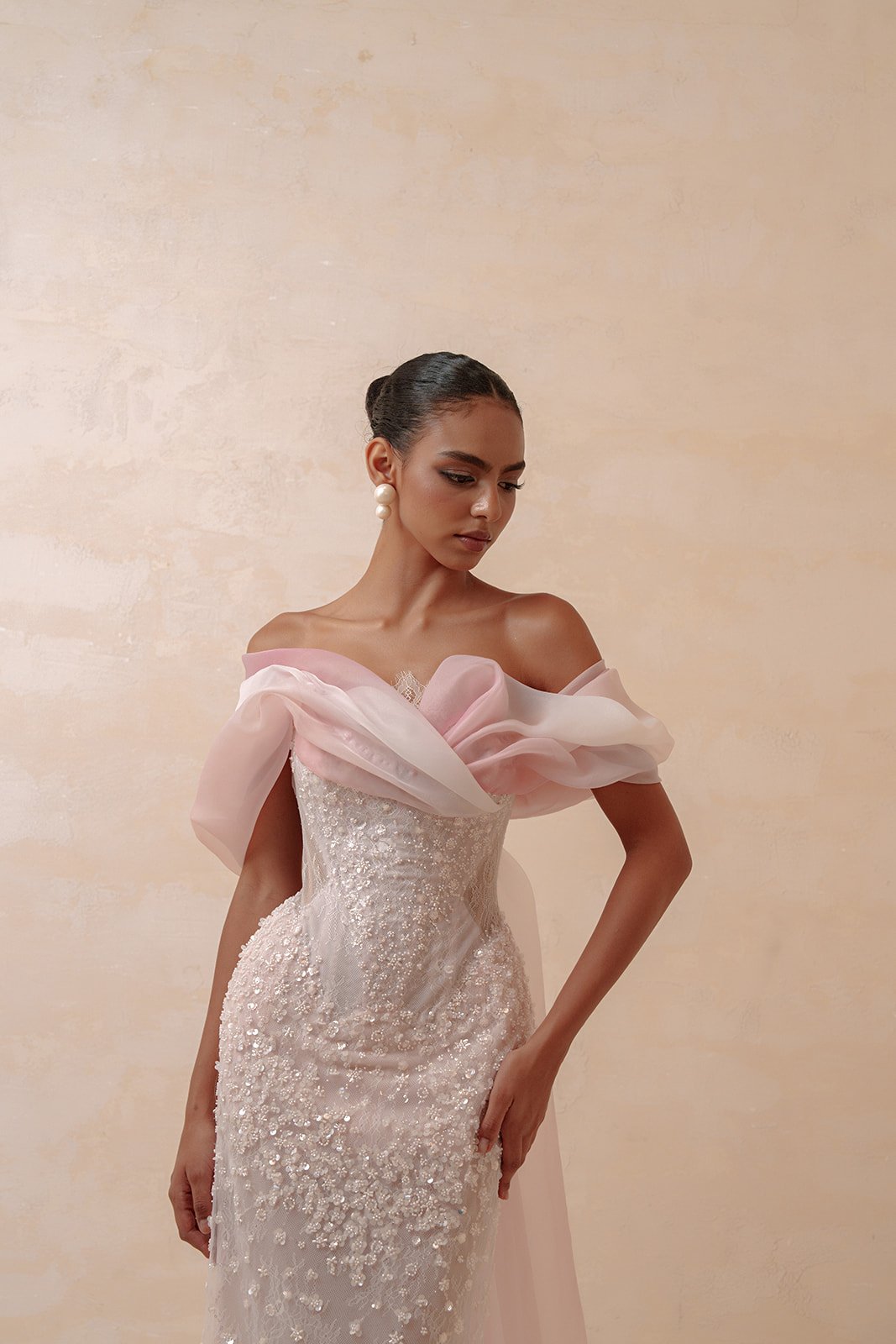 Blush Pink Off-the-Shoulder 3D Floral Beaded Mermaid Evening Gown with Tulle Overlay SS519 Sheer Fairy