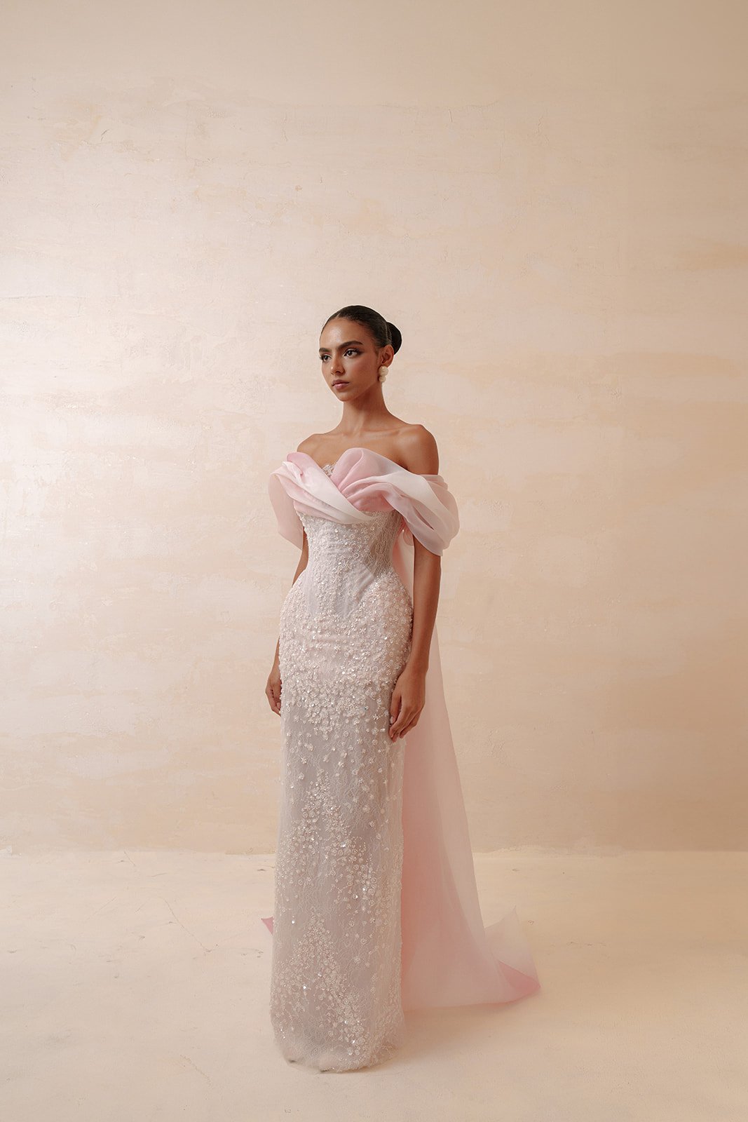 Blush Pink Off-the-Shoulder 3D Floral Beaded Mermaid Evening Gown with Tulle Overlay SS519 Sheer Fairy