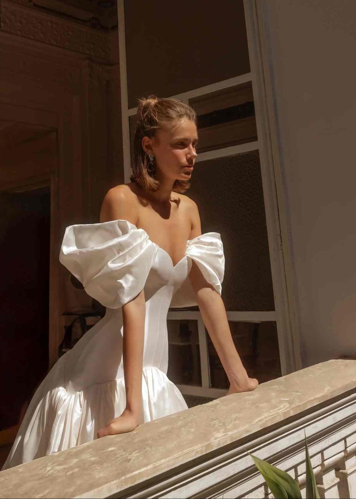 Off-the-Shoulder Satin Ball Gown Wedding Dress SW192 Sheer Fairy