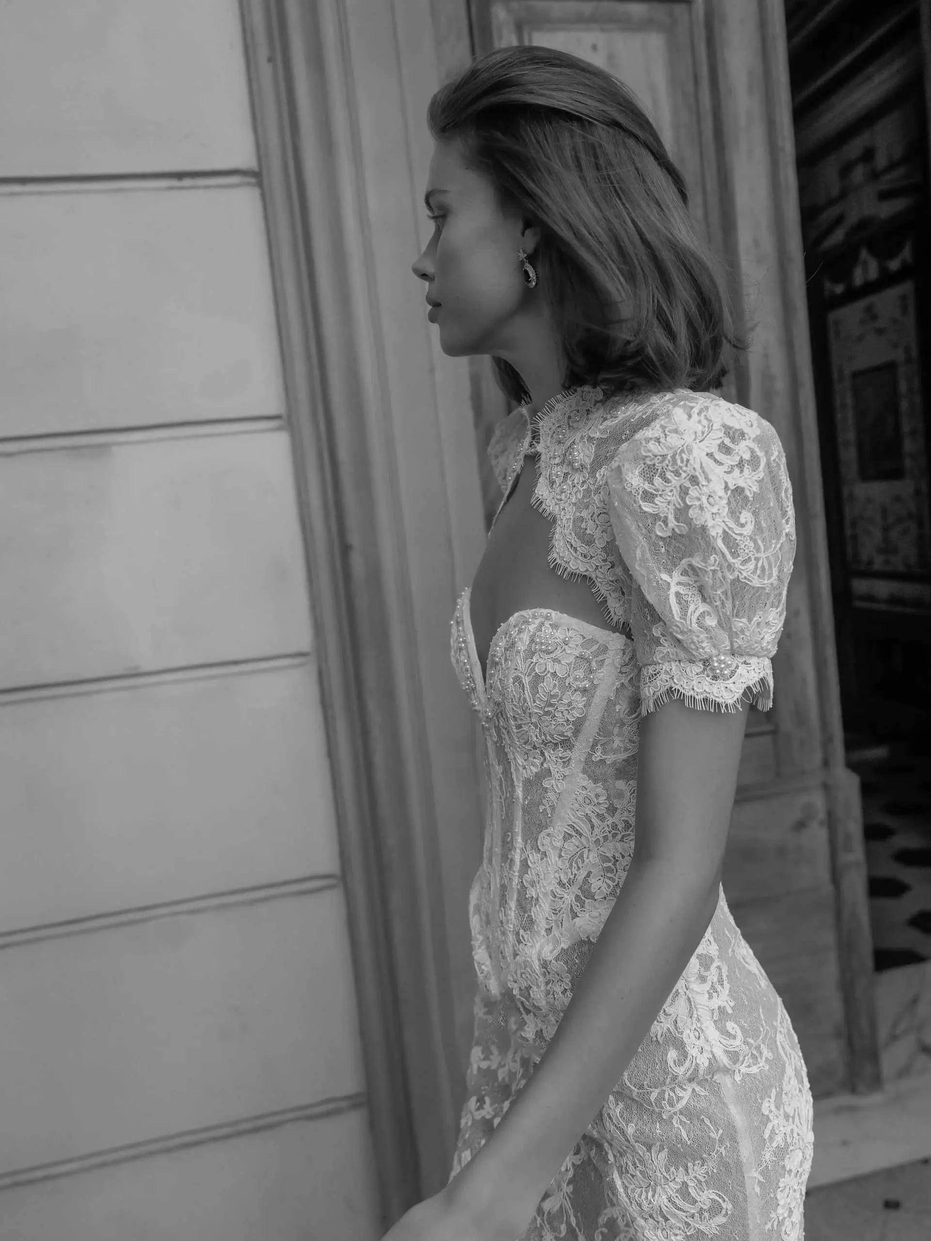 Vintage-Inspired Lace Mermaid Wedding Dress with Puffed Short Sleeves SW180 Sheer Fairy