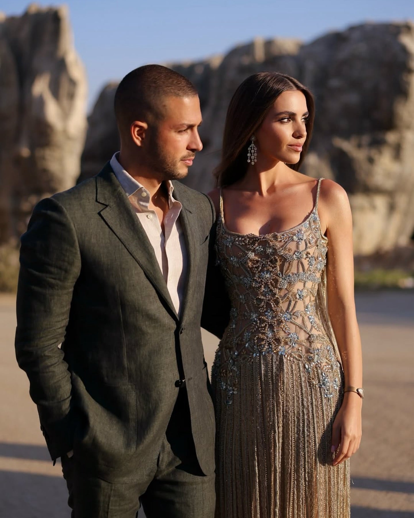Champagne Beaded Sheer Corset Evening Gown with Draped Cape & Pleated Skirt SS538 Sheer Fairy