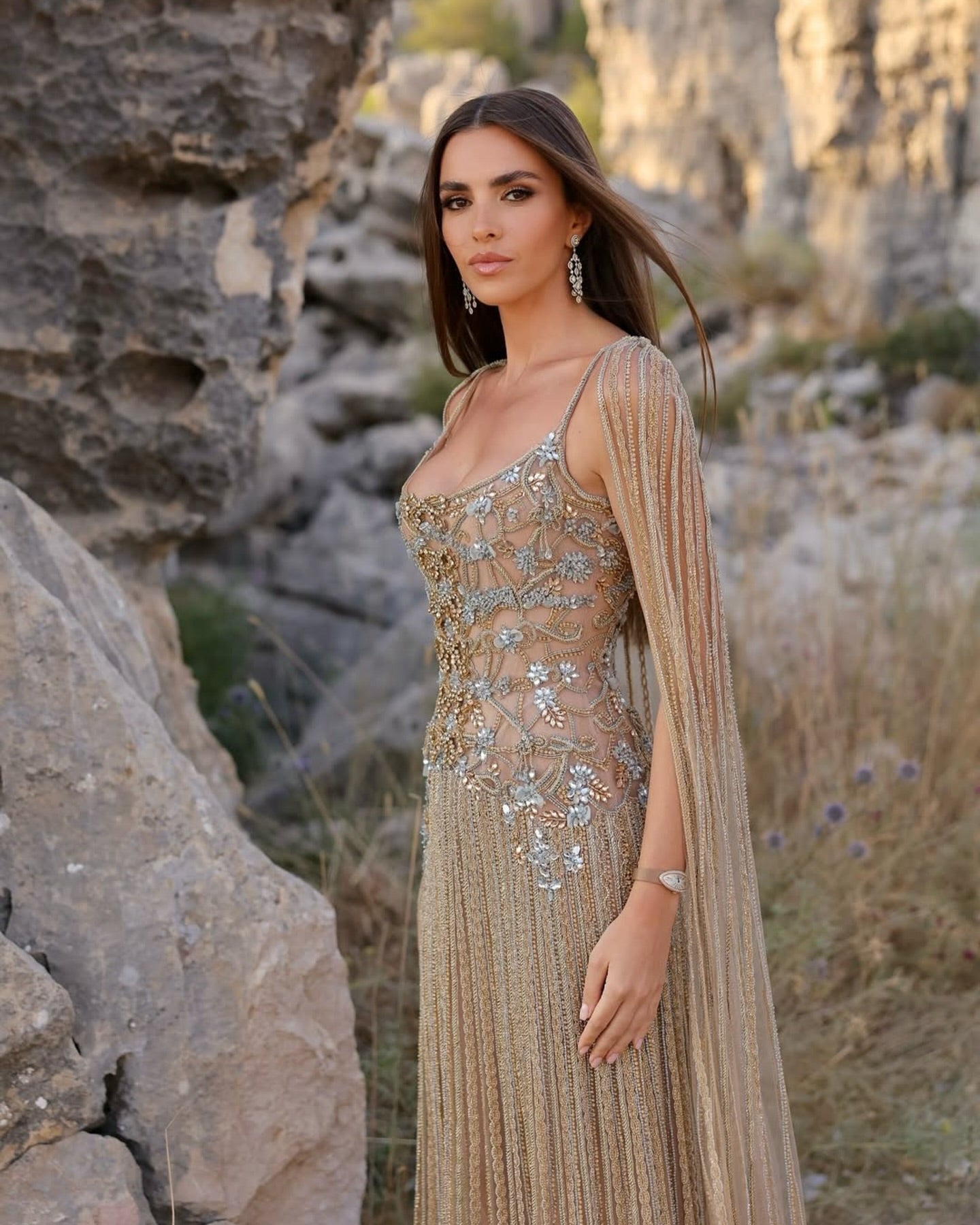 Champagne Beaded Sheer Corset Evening Gown with Draped Cape & Pleated Skirt SS538 Sheer Fairy