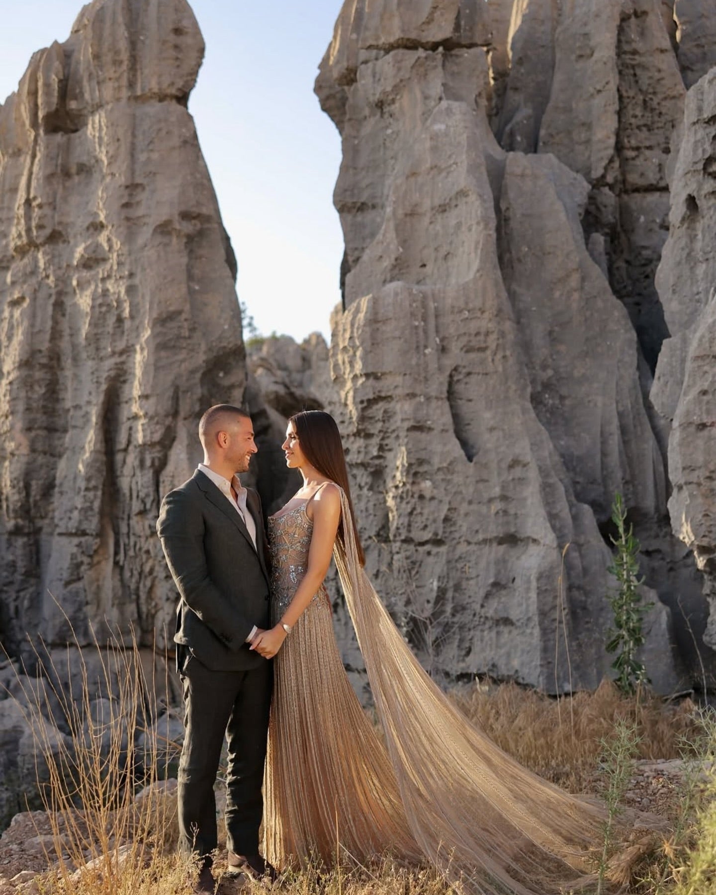 Champagne Beaded Sheer Corset Evening Gown with Draped Cape & Pleated Skirt SS538 Sheer Fairy