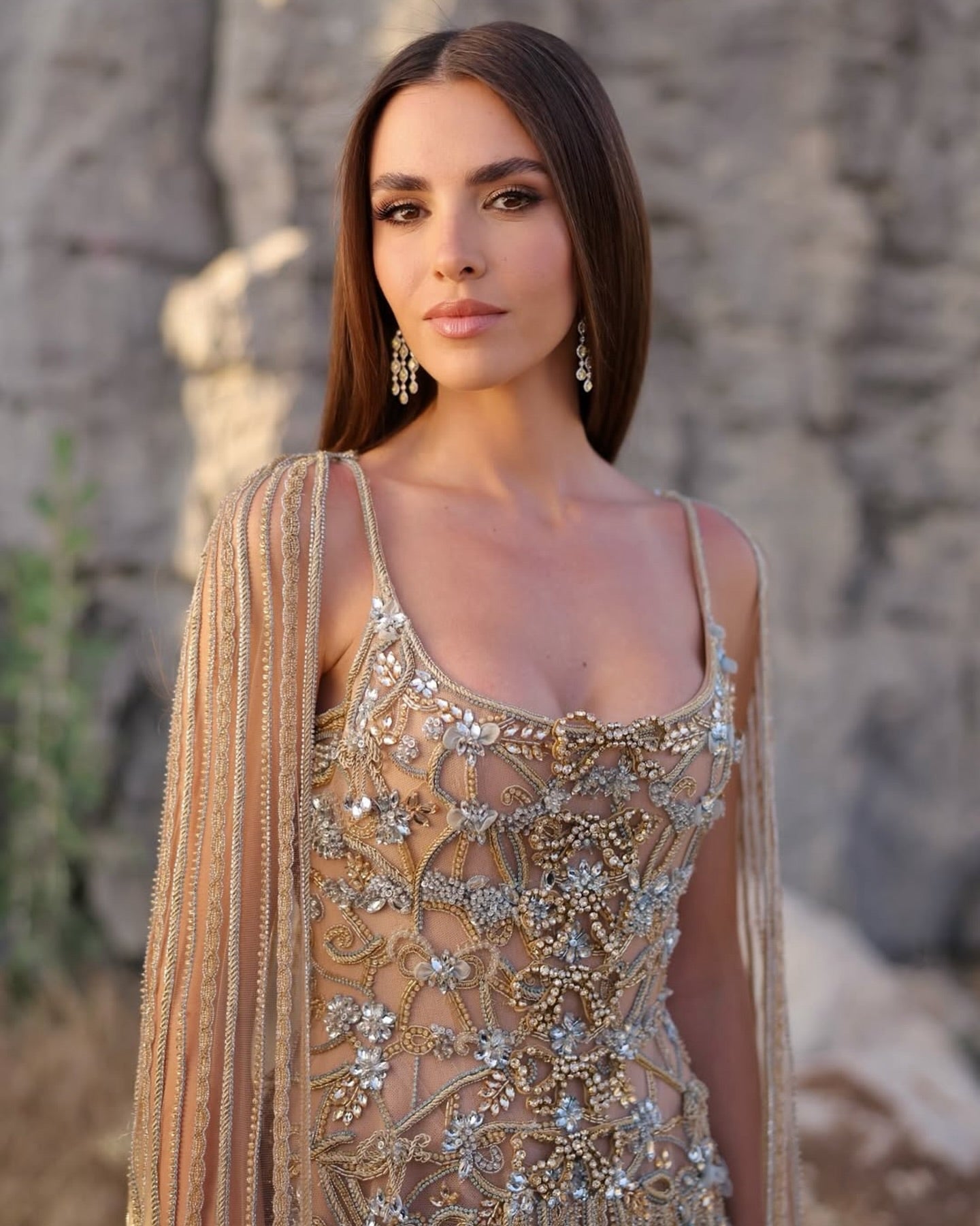 Champagne Beaded Sheer Corset Evening Gown with Draped Cape & Pleated Skirt SS538 Sheer Fairy