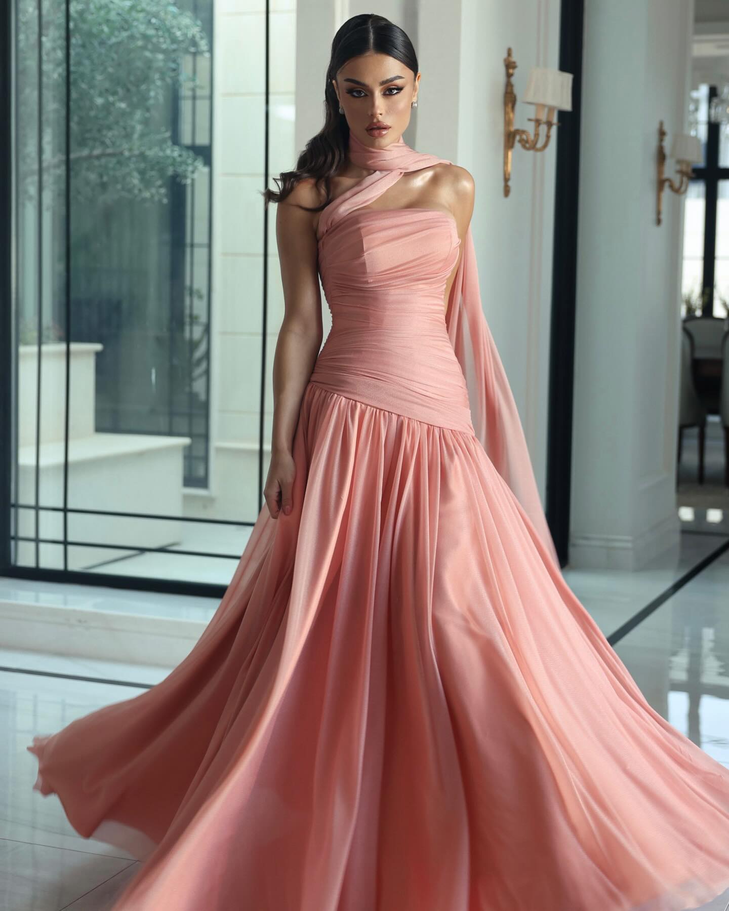 Pink One-Shoulder Chiffon A-Line High Slit Evening Dress SF482